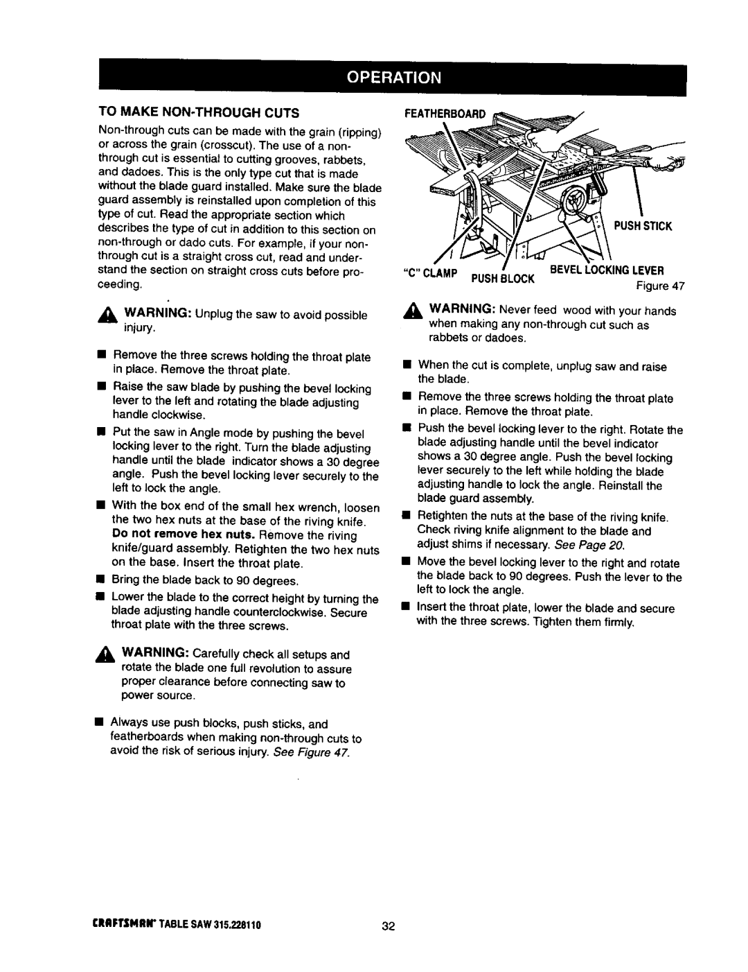 Craftsman 315.22811 owner manual To Make NON-THROUGH Cuts, Inarning Unplug the saw to avoid possible mlury, Push Stick 