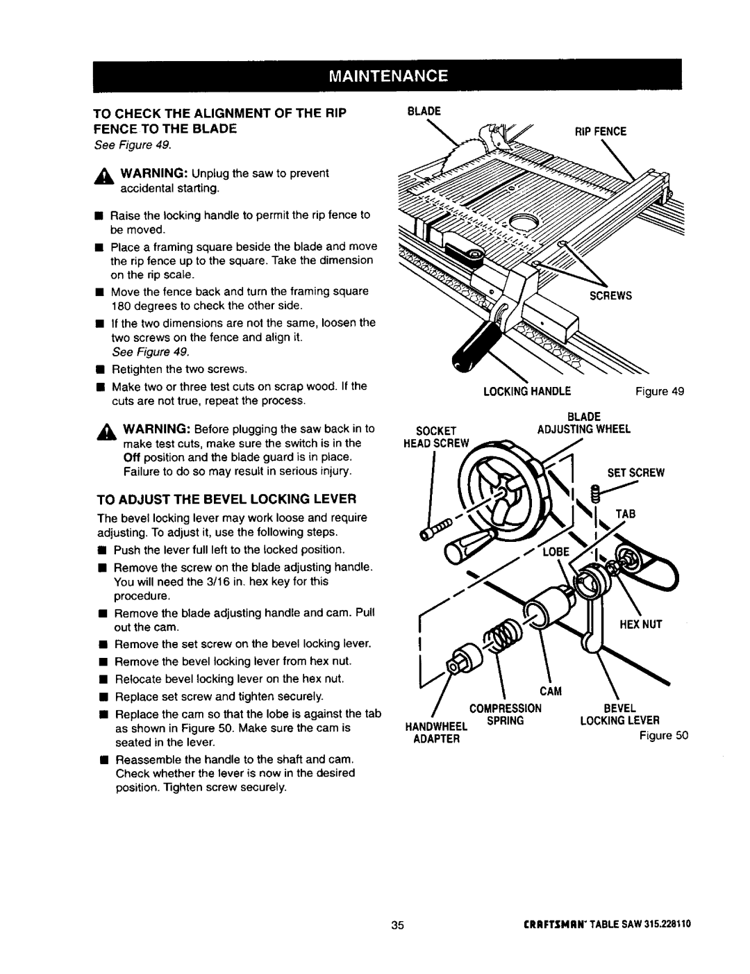 Craftsman 315.22811 To Check the Alignment of the RIP Fence to the Blade, To Adjust the Bevel Locking Lever, Adapter 