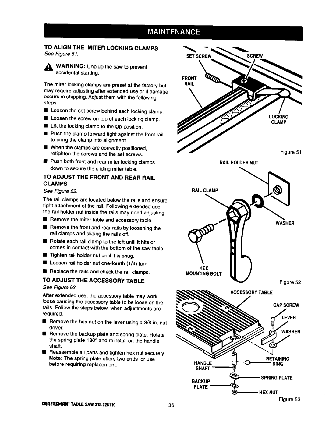 Craftsman 315.22811 To Align the Miter Locking Clamps, To Adjust the Front and Rear Rail Clamps, Capscrew Washer 