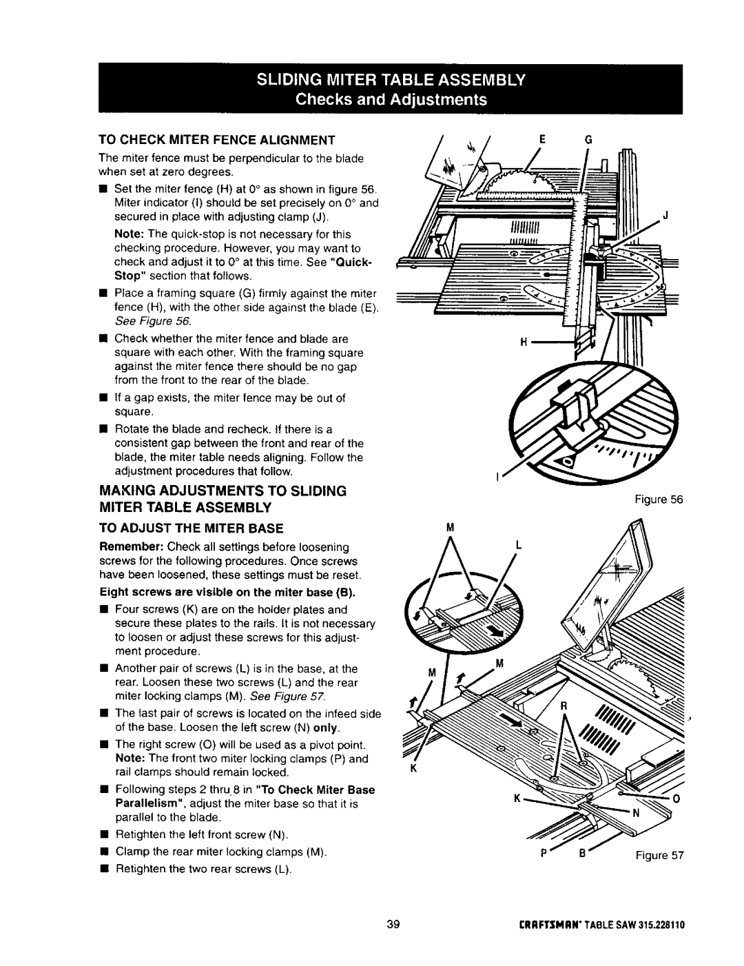 Craftsman 315.22811 owner manual To Check Miter Fence Alignment, Eight screws are visible on the miter base B 