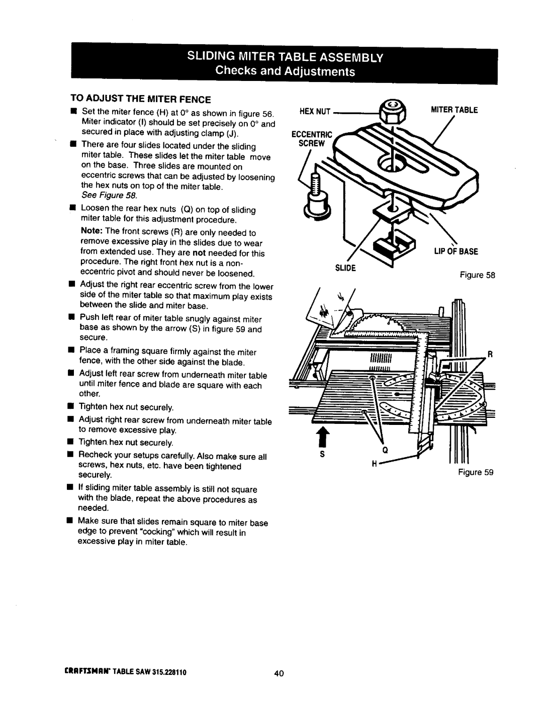 Craftsman 315.22811 To Adjust the Miter Fence, There are four slides located under the sliding, Tighten hex nut securely 