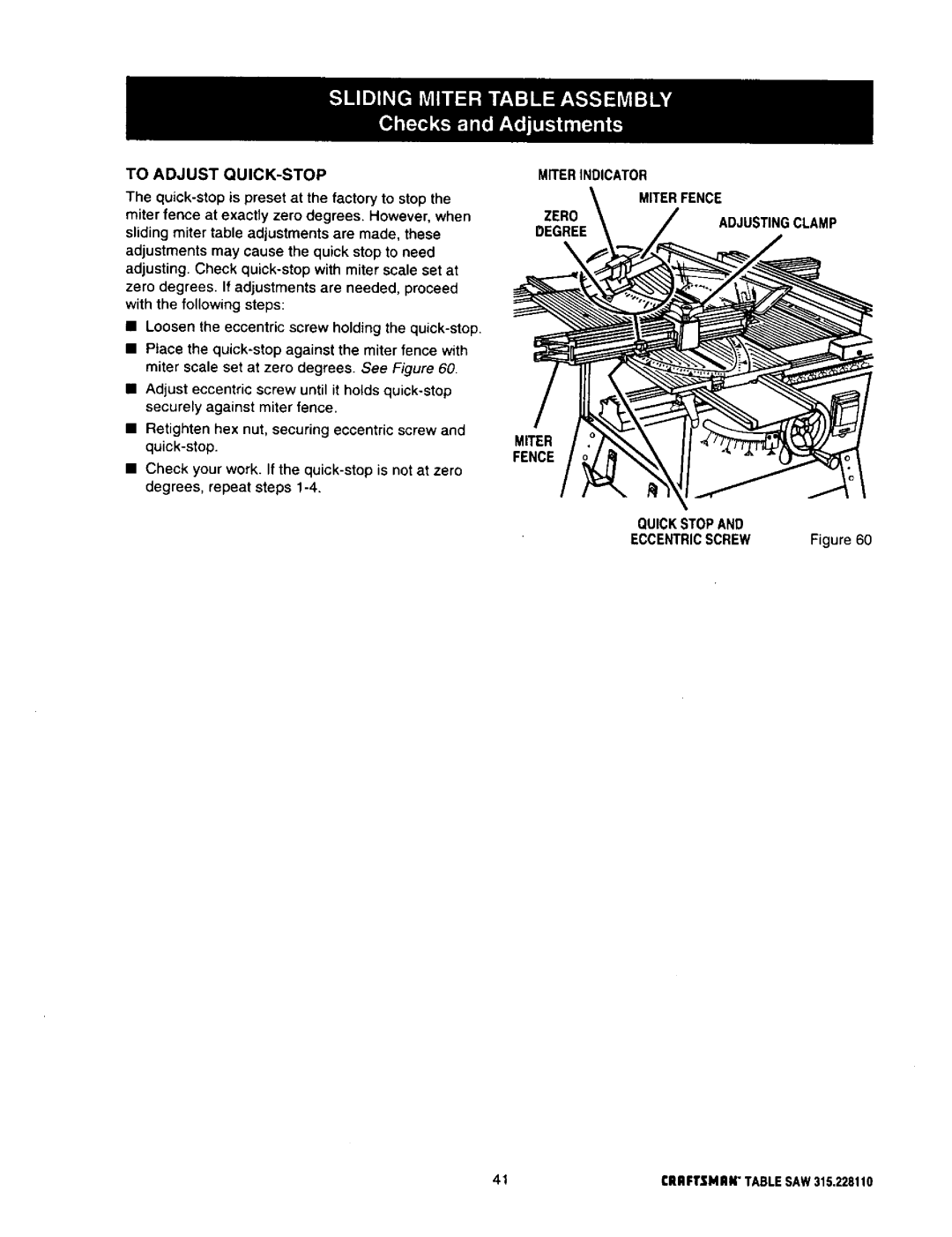 Craftsman 315.22811 To Adjust QUICK-STOP, Merindicator Miter Fence Zero, Degree, Quick Stop Eccentric Screw 