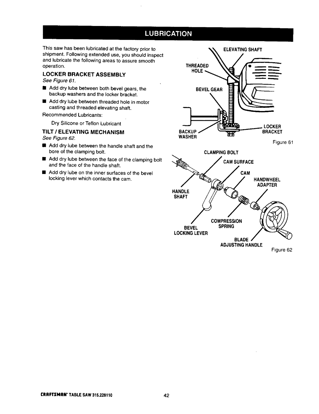 Craftsman 315.22811 owner manual Locker Bracket Assembly, Tilt / Elevating Mechanism, Elevatingshaft 