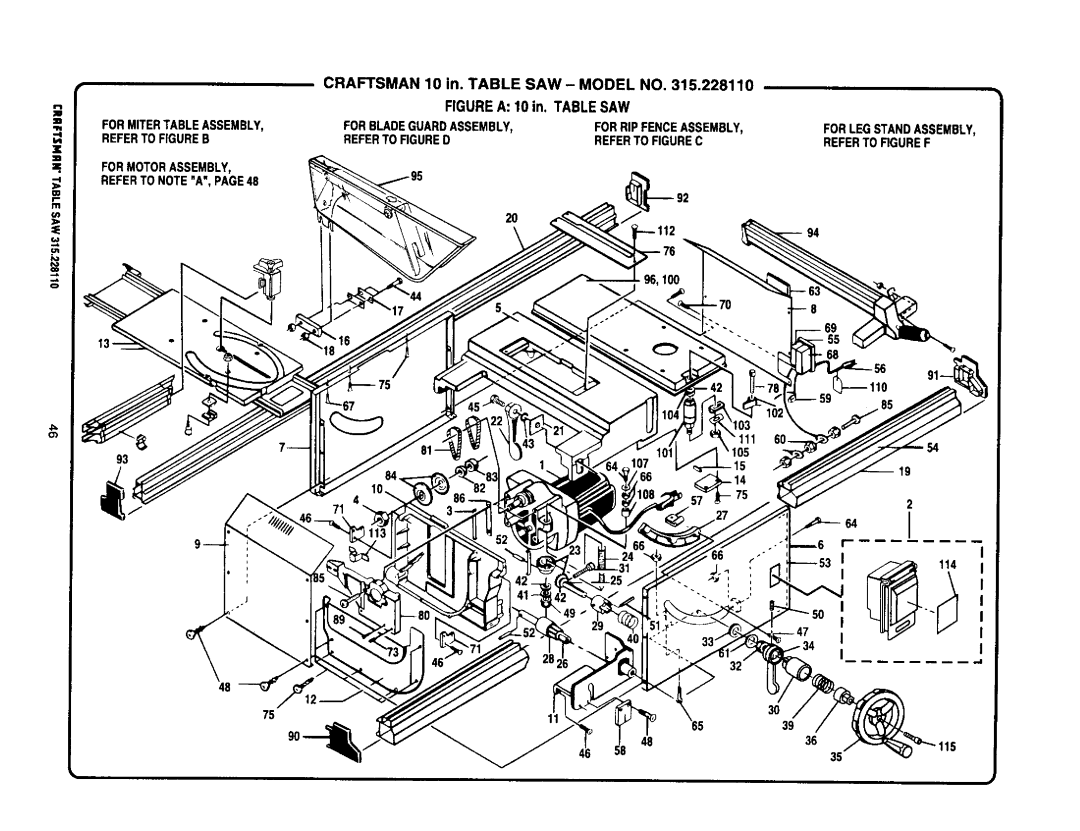 Craftsman 315.22811 owner manual Craftsman 10 in. Table SAW Model no, 96,100, Forlegstandassembly Referto Rguref 