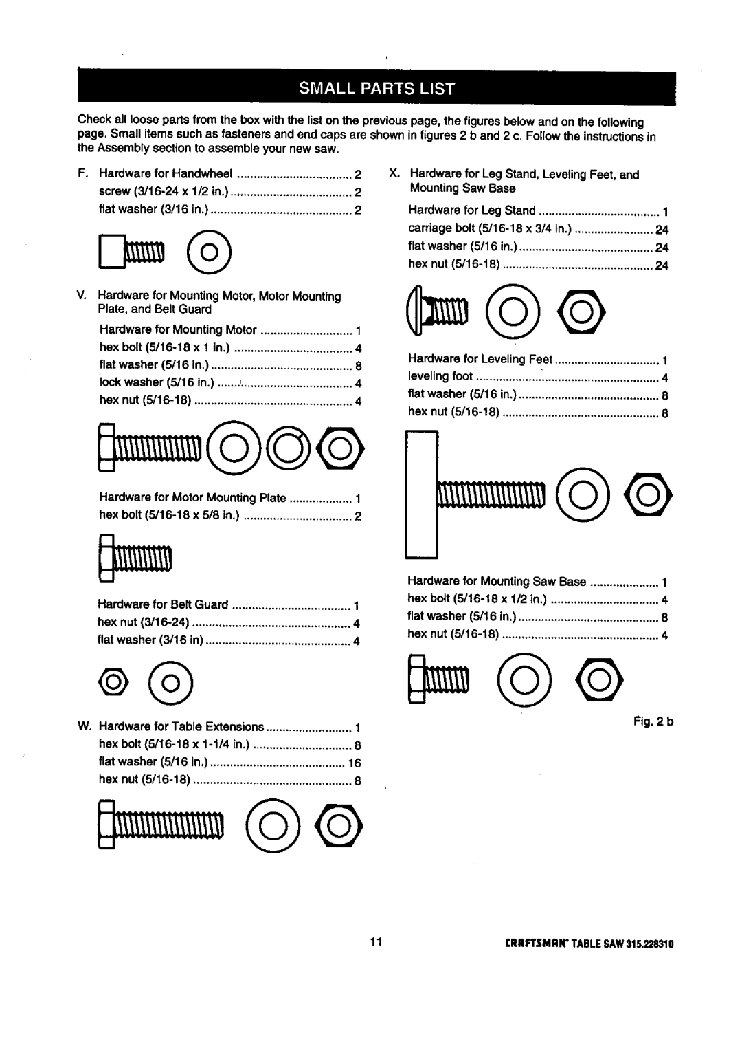 Craftsman 315.22831 owner manual Hardware for Leveling Feet 