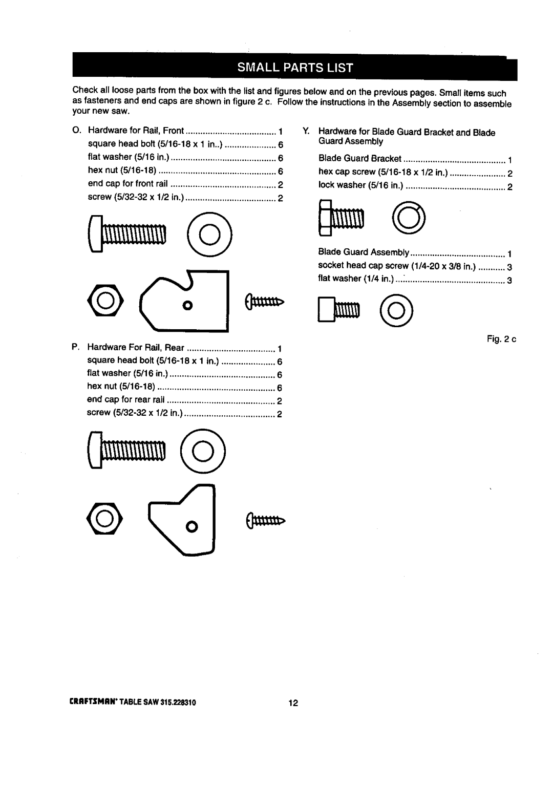 Craftsman 315.22831 owner manual Hardware for Blade Guard Bracket and Blade Guard Assembly 