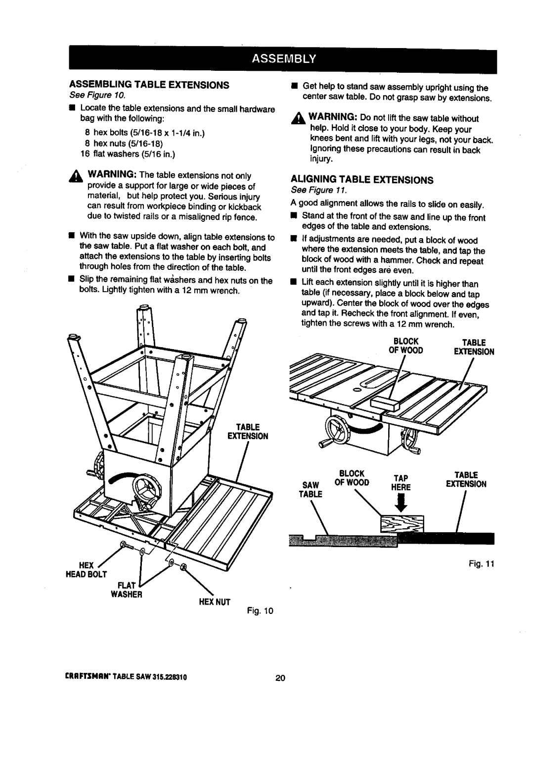 Craftsman 315.22831 owner manual Assembling Table Extensions, Aligning Table Extensions, FLA Washer Henut 