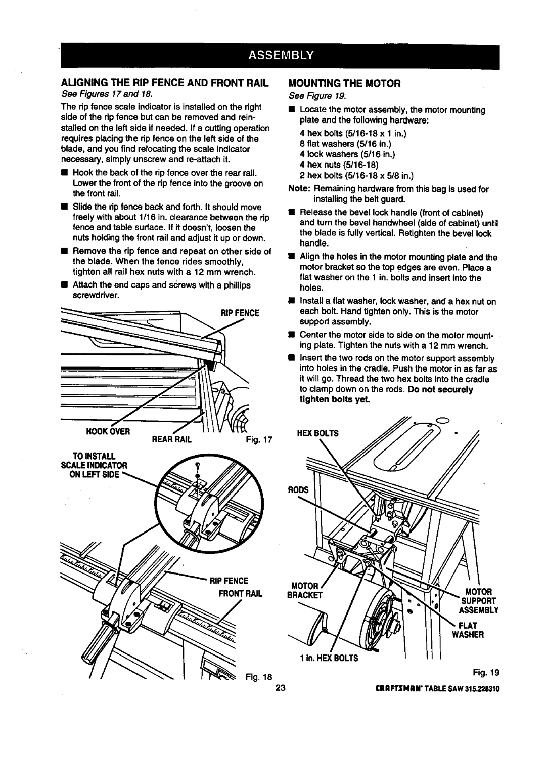 Craftsman 315.22831 owner manual Aligningtheripfenceandfrontrail, See Figures 17and, Motor Bracketmotor Assembly Washer 