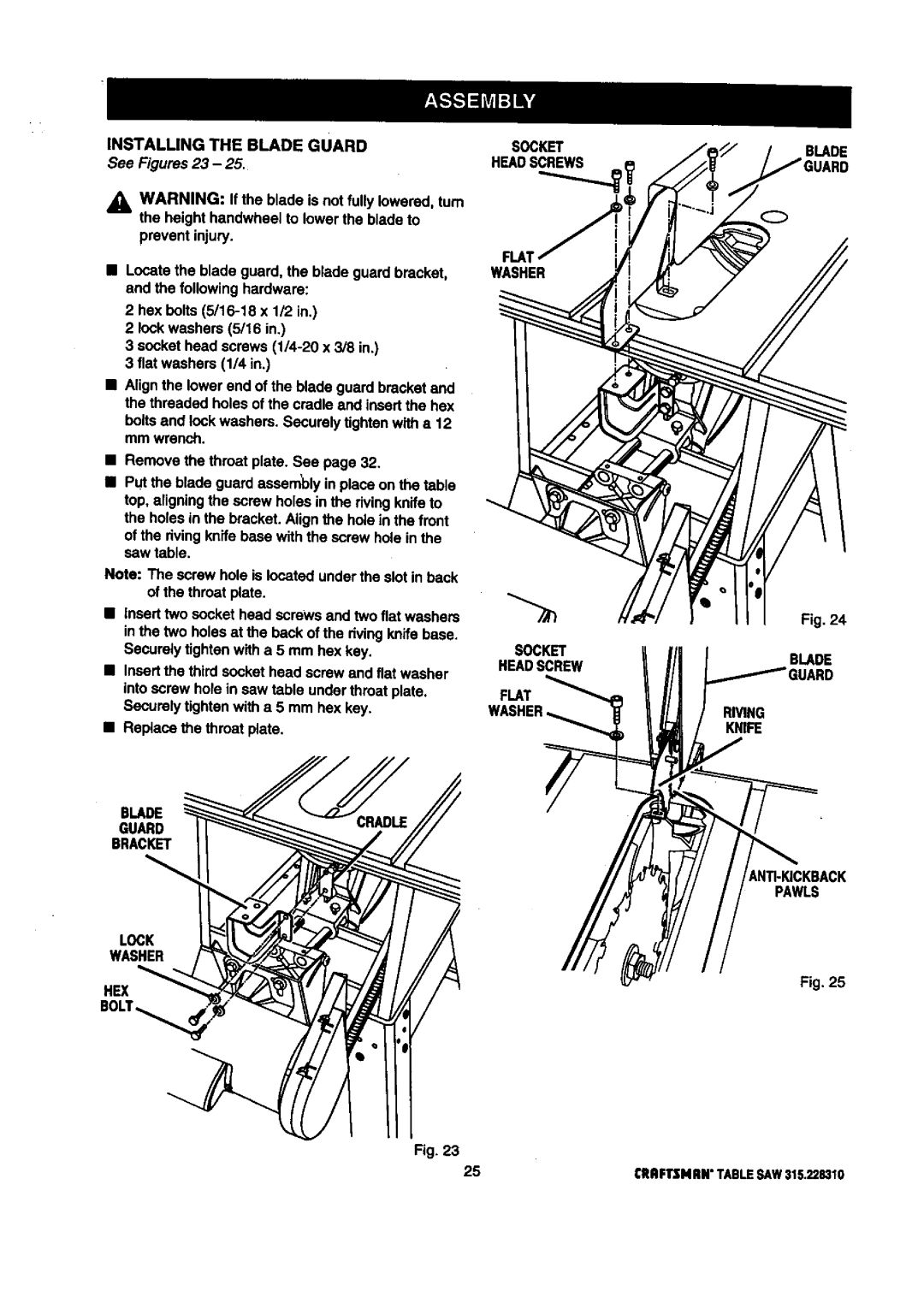 Craftsman 315.22831 owner manual Installing the Blade Guard Socket, See Figures 23, Headscrews, Pawls 