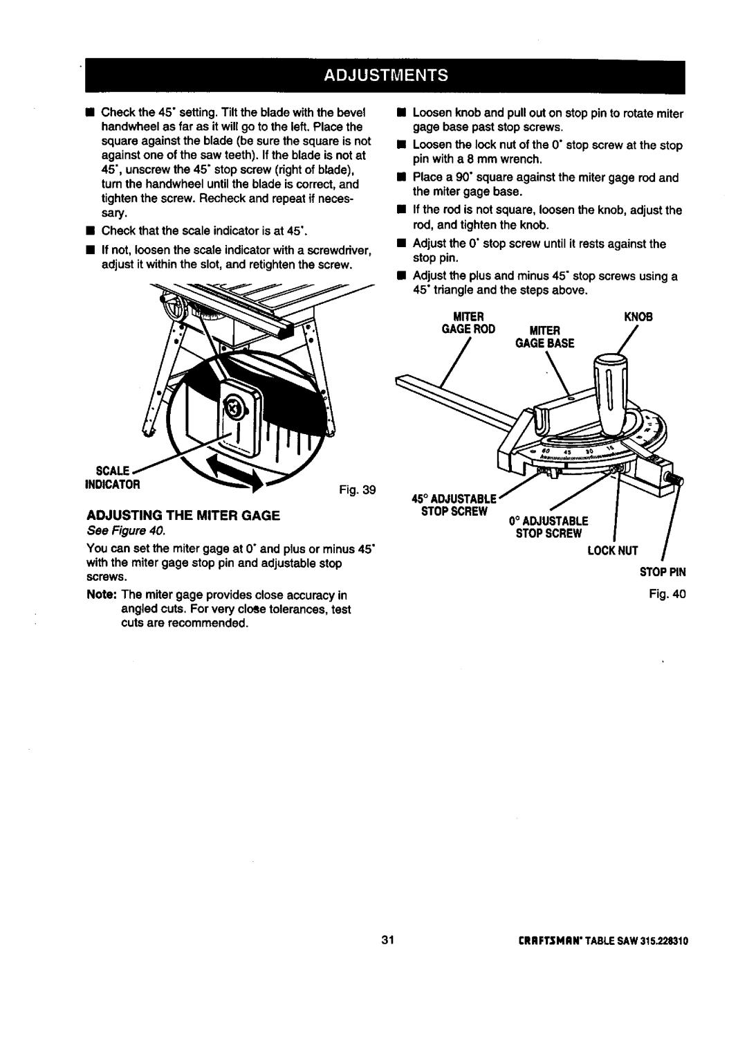 Craftsman 315.22831 owner manual See Figure, Adjustable Stopscrew Locknut Stoppin 