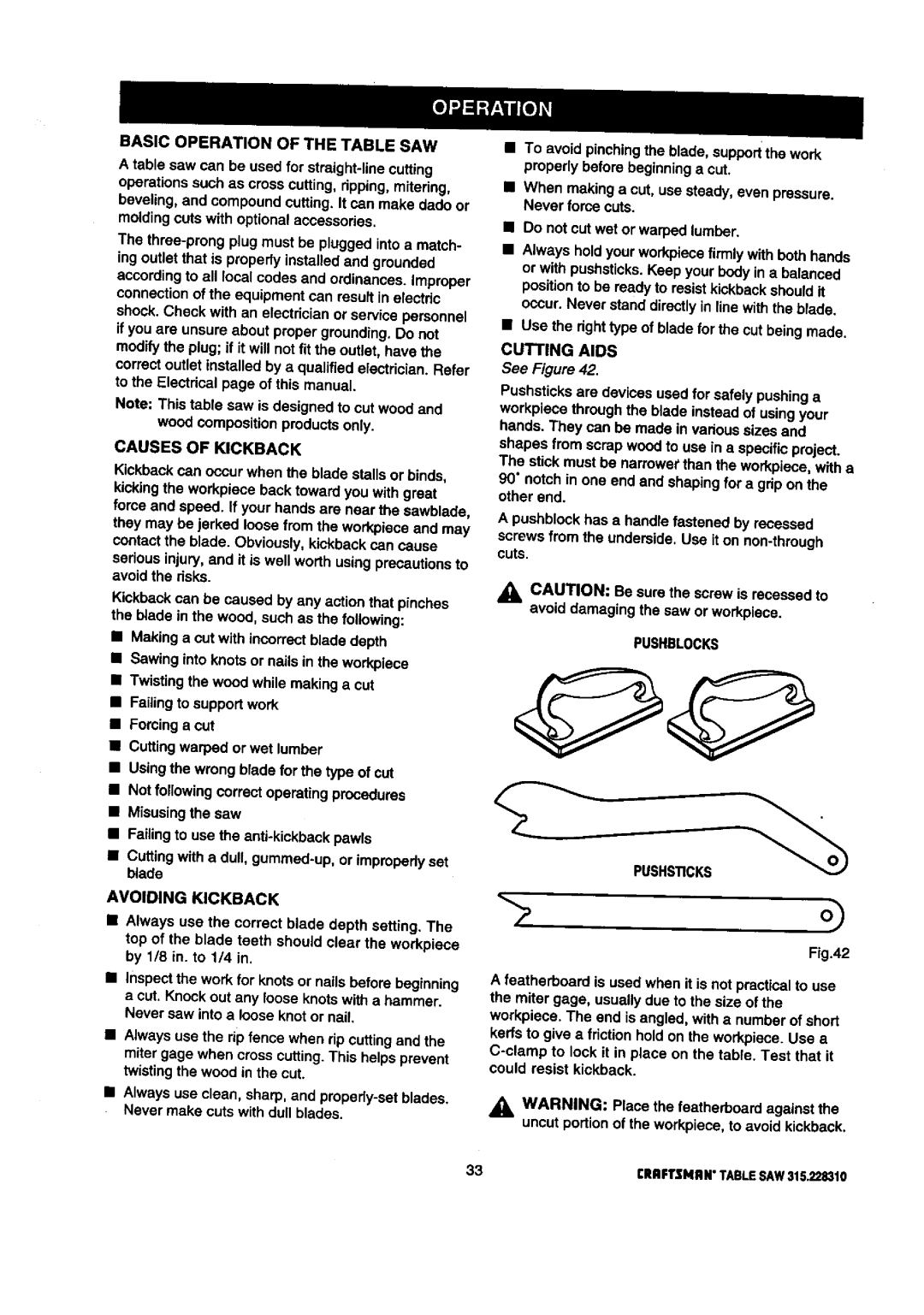 Craftsman 315.22831 owner manual Basic Operation of the Table SAW, Causes of Kickback, Avoiding Kickback, Cutting Aids 