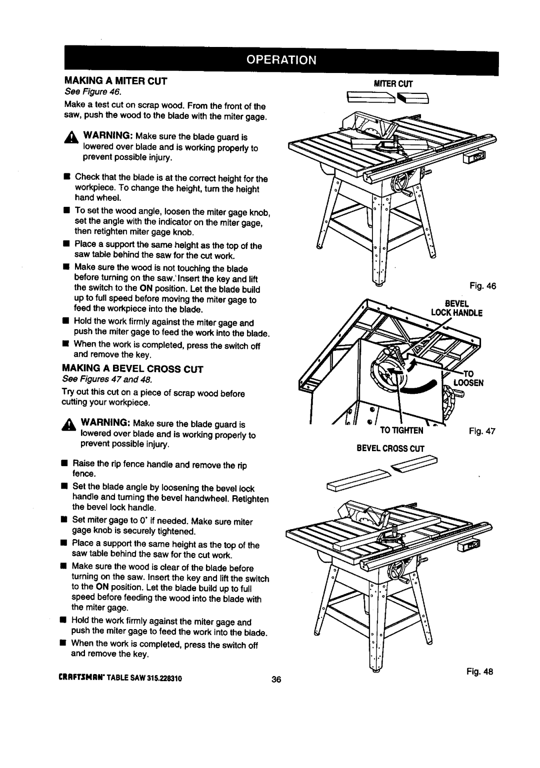 Craftsman 315.22831 owner manual Makinga Mitercut, Making a Bevel Cross CUT, See Figures47, Mitercut Bevel Lockhandle 