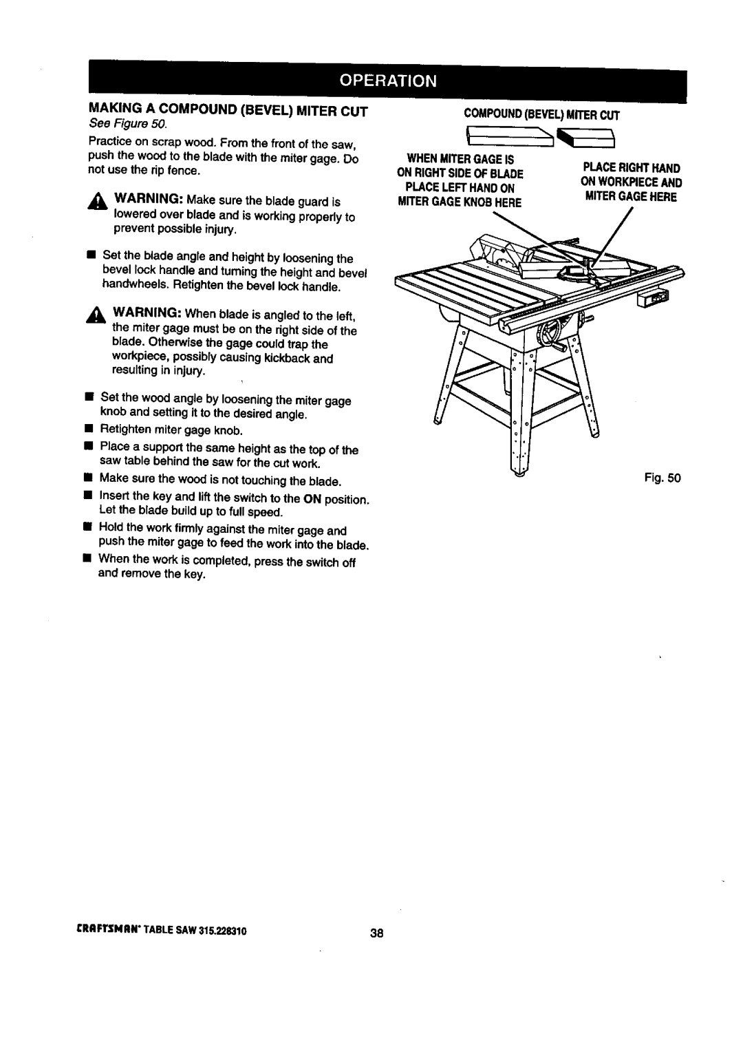 Craftsman 315.22831 owner manual Making a Compound Bevel Miter CUT, Sea Figure 