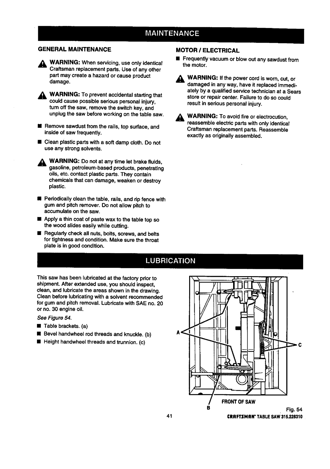 Craftsman 315.22831 owner manual General Maintenance, Motor / Electrical 