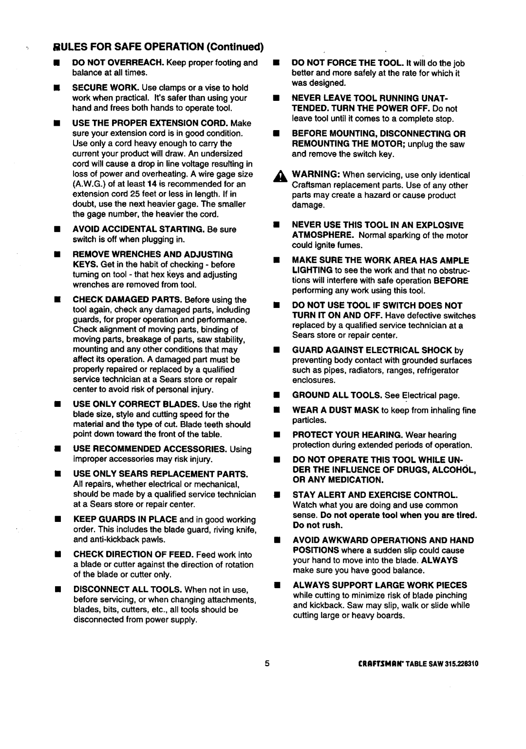 Craftsman 315.22831 owner manual 5CRAFTSMANTABLESAW315,228310 