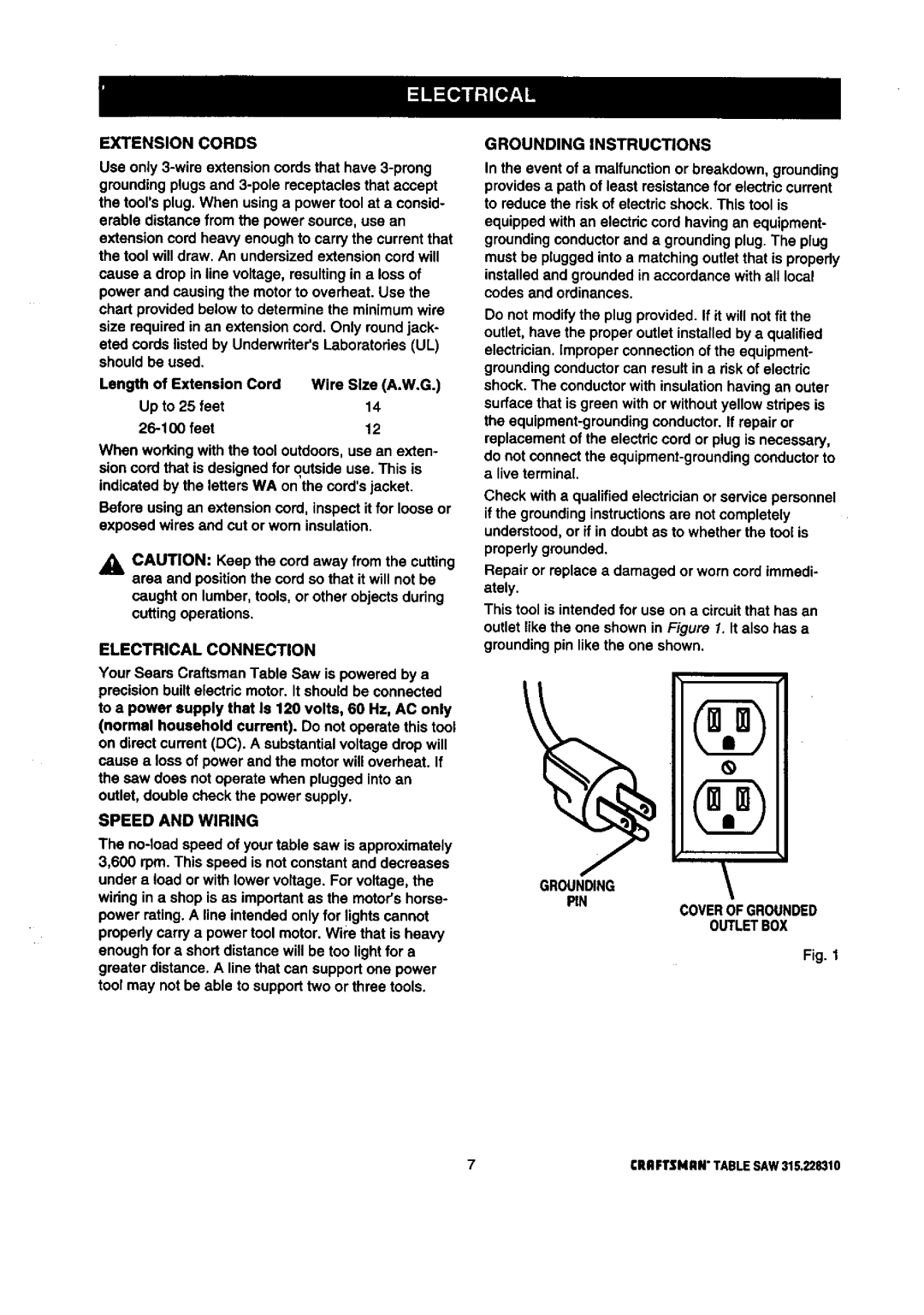 Craftsman 315.22831 owner manual Extension Cords, Electrical Connection, Speed and Wiring, Grounding Instructions 