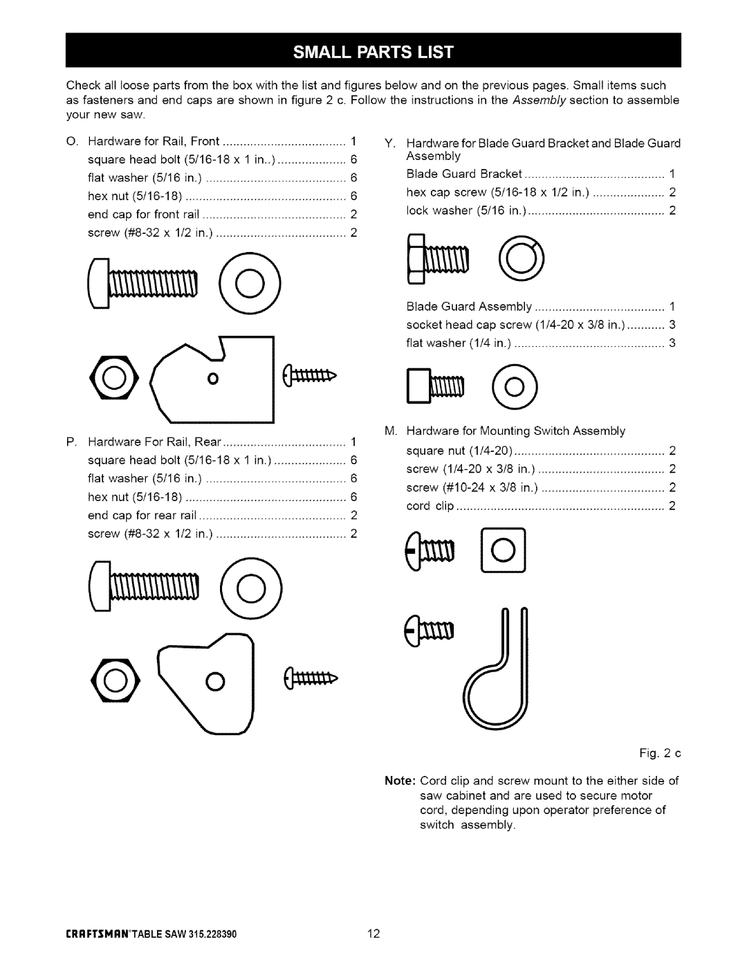 Craftsman 315.22839 owner manual Clip End cap for rear rail Cord Screw #8-32 x 1/2 