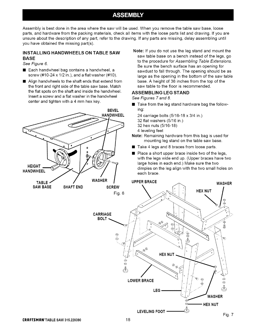 Craftsman 315.22839 Installing Handwheels on Table SAW Base, Bevel Handwheel Height, Upperbracewasher Hexnut Carriage Bolt 