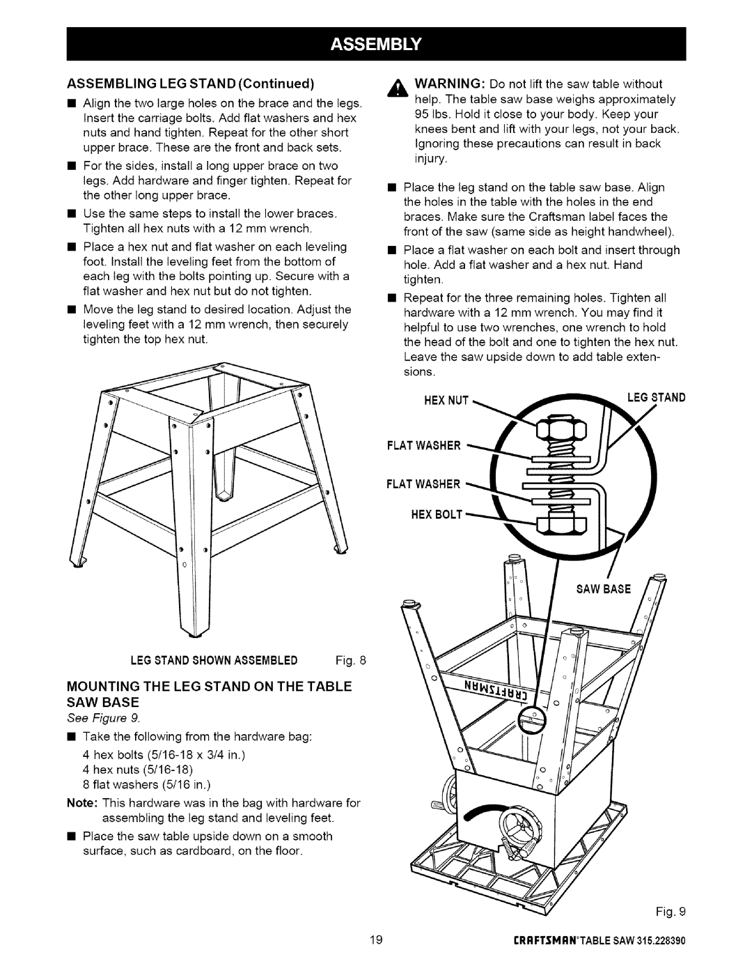 Craftsman 315.22839 owner manual Mounting the LEG Stand on the Table SAW Base, Legstand Flatwasher 