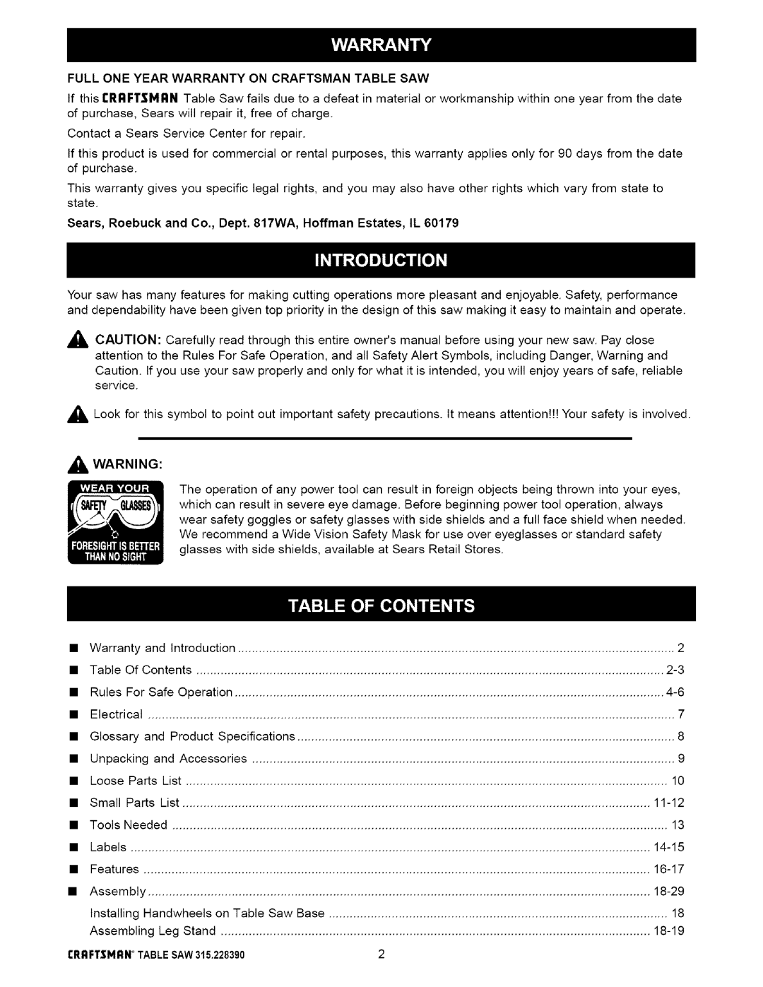 Craftsman 315.22839 owner manual Full ONE Year Warranty on Craftsman Table SAW 