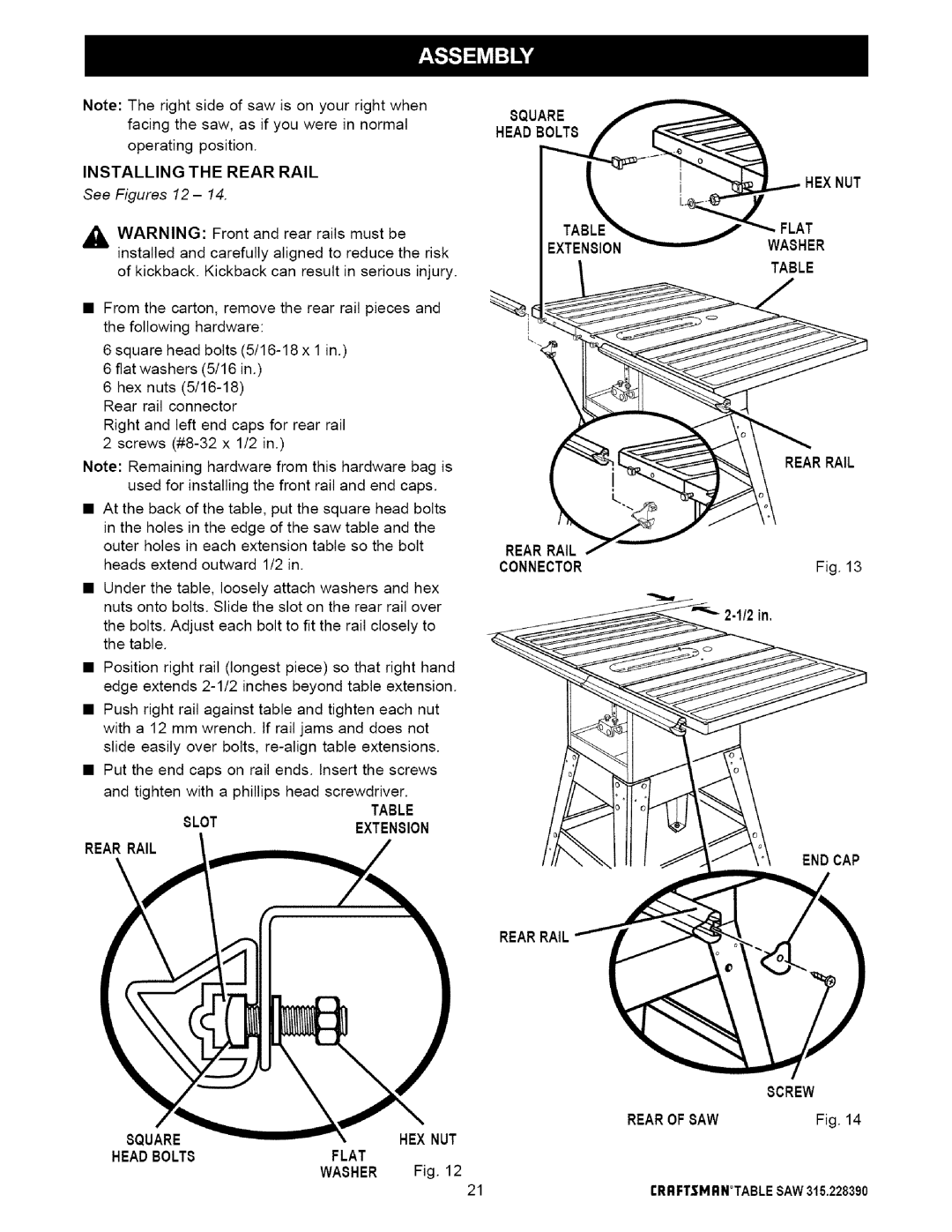 Craftsman 315.22839 owner manual See Figures 12, Rearrail Connector Endcap, Hex Nut 