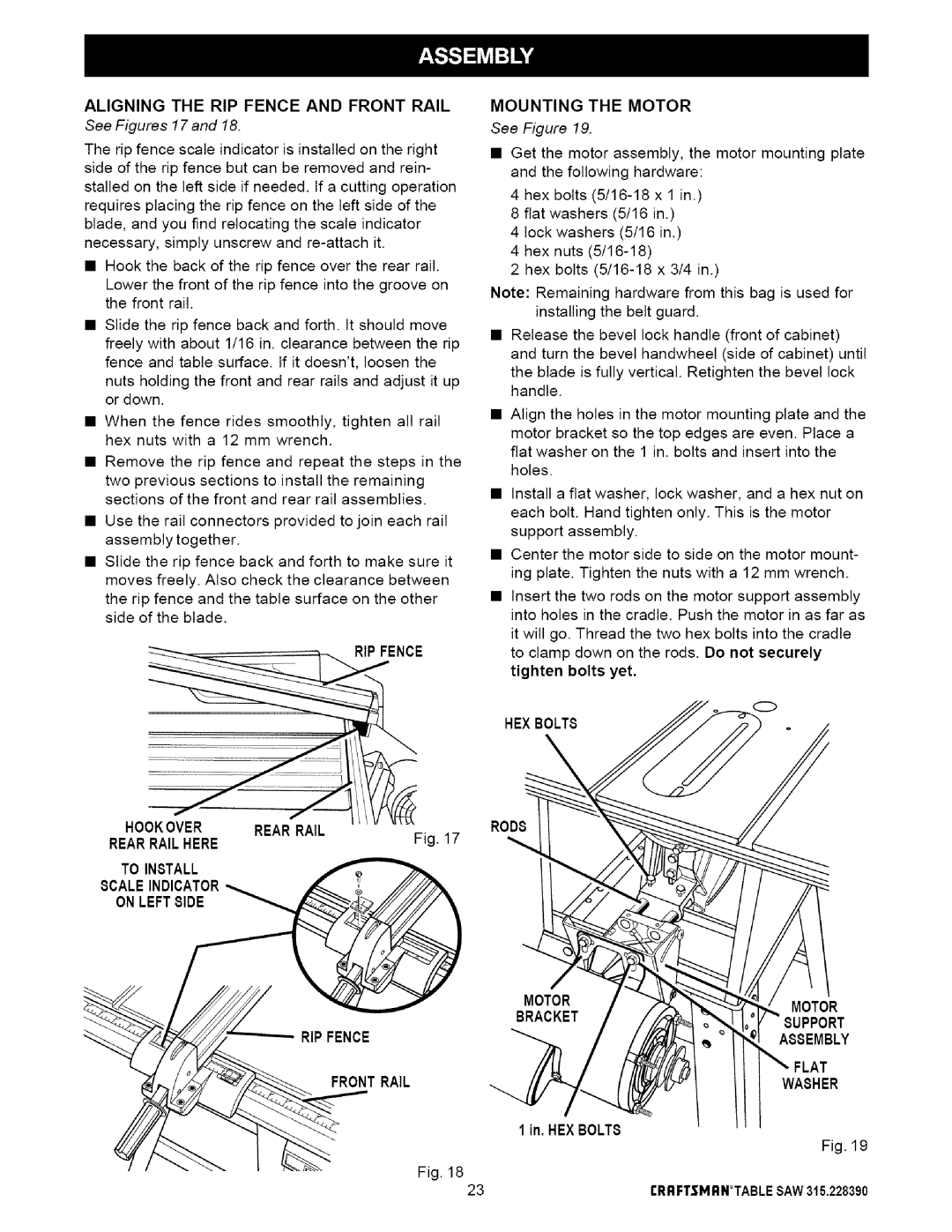 Craftsman 315.22839 Aligning the RIP Fence and Front Rail, See Figures 17, RIP Fence Hook Over, HEX Bolts, Assembly 