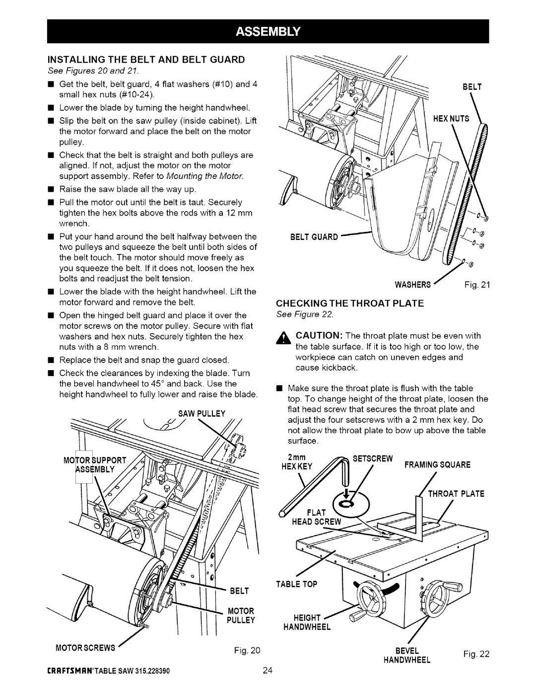 Craftsman 315.22839 SAW Pulley, Belt Beltguard, Checking the Throat Plate, Hexkeyframingsquare Throatplate, Headscrew 