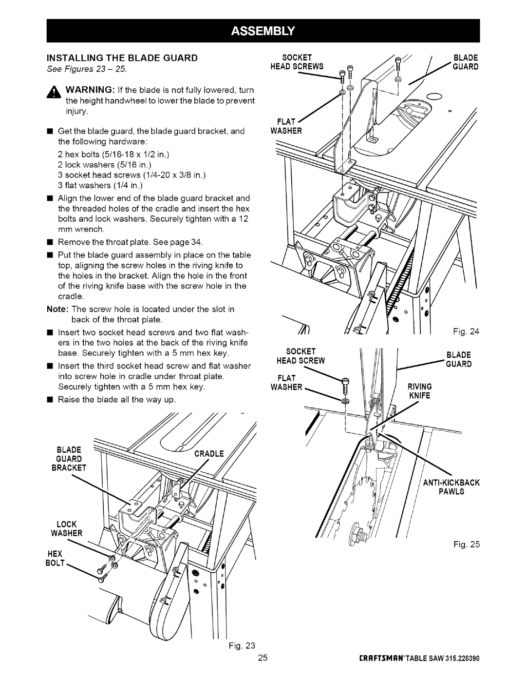 Craftsman 315.22839 owner manual Installing, Blade Guard Bracket Lock, Hex, Blade Riving, Pawls 