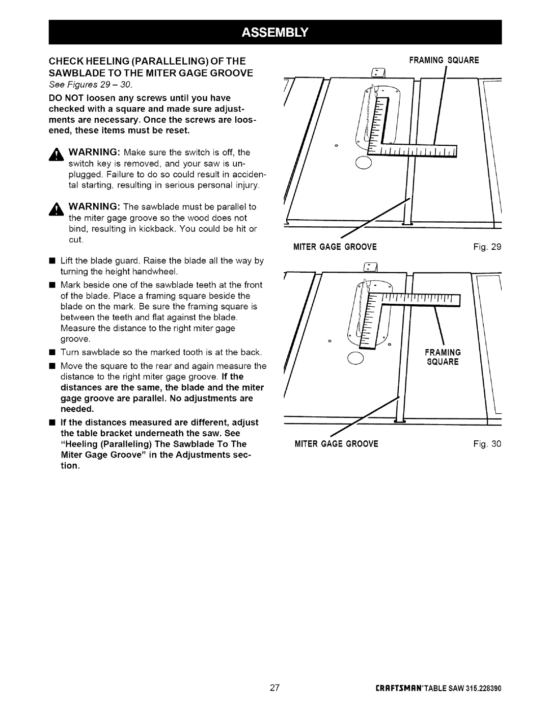 Craftsman 315.22839 owner manual Framing Square, Miter Gage Groove 