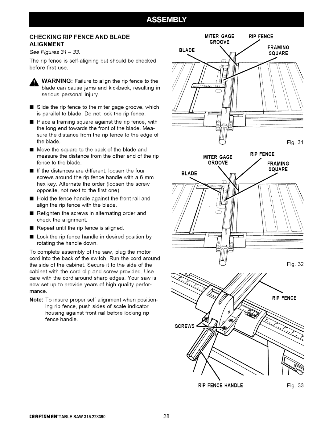 Craftsman 315.22839 owner manual Alignment, See Figures 31, Miter Gage Groove Blade, RIP Fence Framing, RIP Fencehandle 