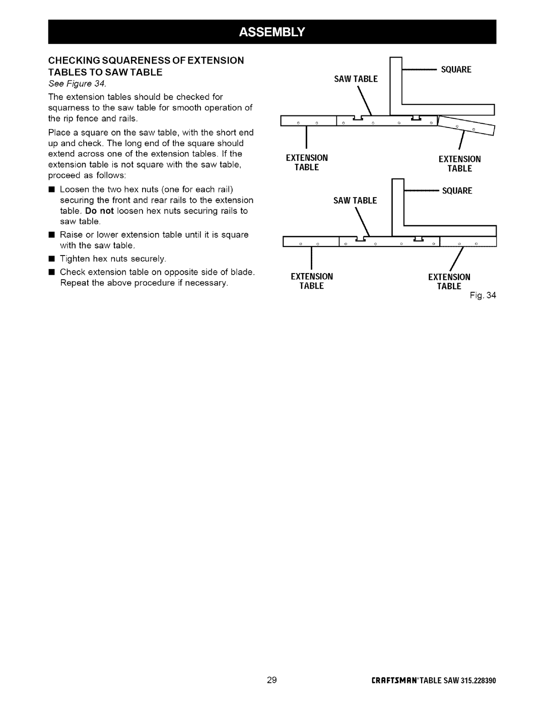 Craftsman 315.22839 owner manual Checking Squareness of Extension Tables to SAW Table, Extension Square Sawtable 