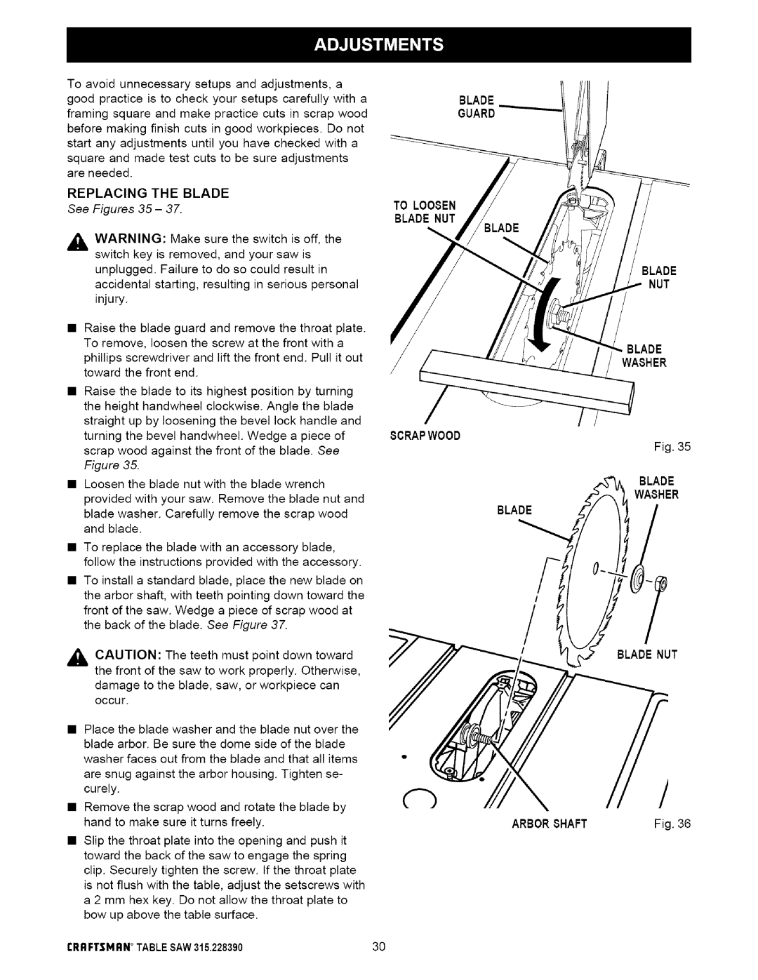 Craftsman 315.22839 Replacing the Blade, See Figures 35, Blade Guard To Loosen Blade NUT, Blade Blaiwasher, Arbor Bhaft 