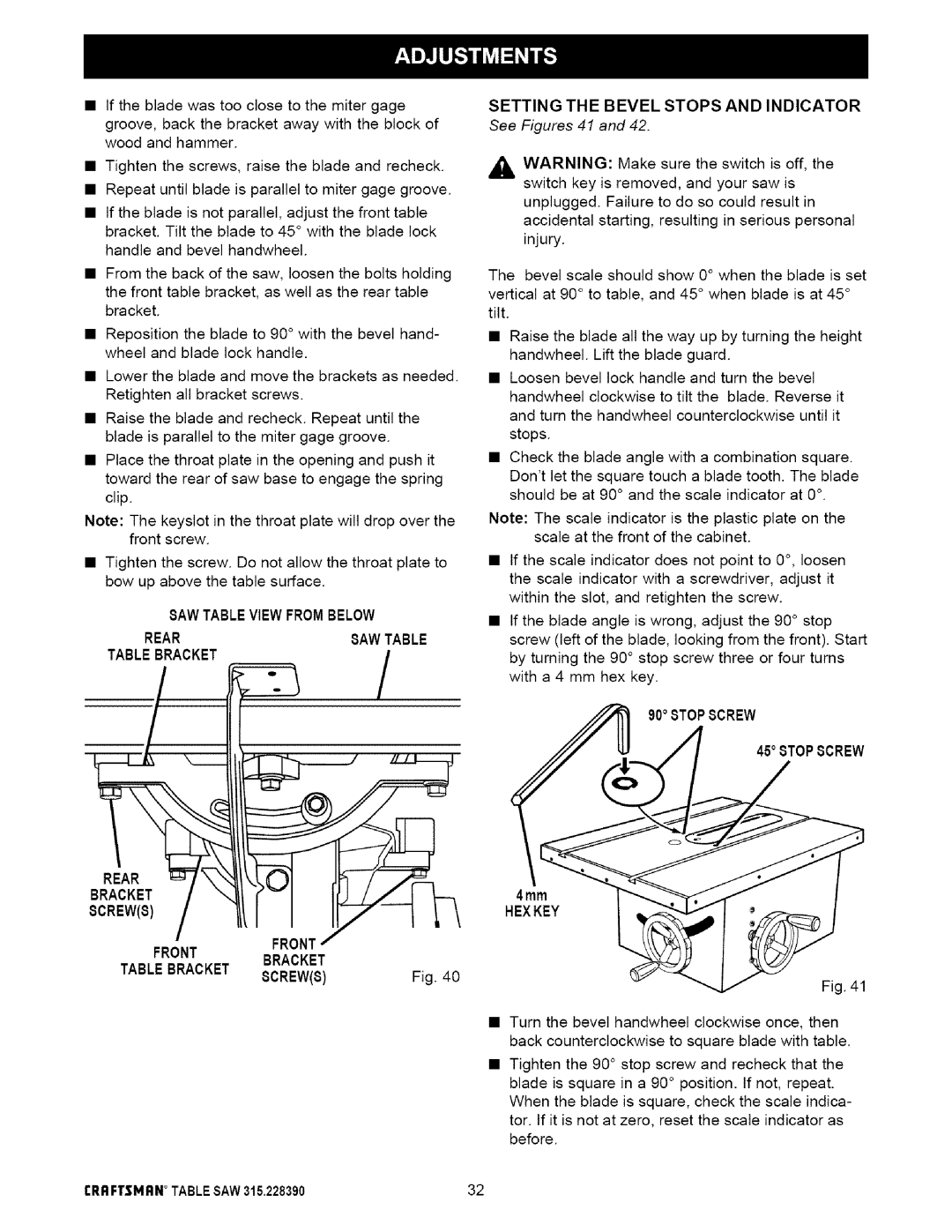 Craftsman 315.22839 owner manual Sawtableview Frombelow Rearsaw Table Tablebracket, See Figures 41, Hexkey 