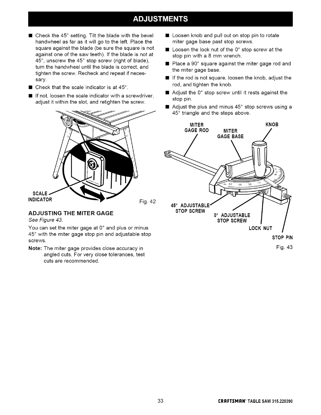 Craftsman 315.22839 Miterknob Gage ROD Miter, Indicator Adjusting the Miter Gage, 8TOP 8CREW Adjustable, Lock N 