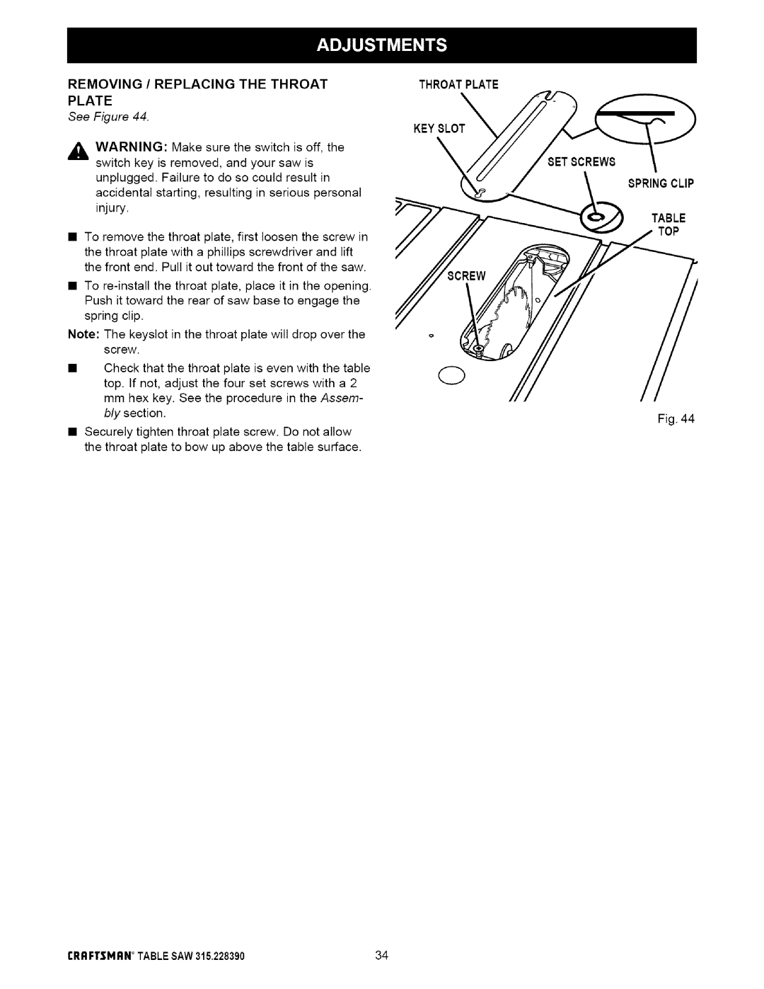 Craftsman 315.22839 owner manual Removing Replacing the Throat Throatplate, Plate, KEY 8LOT, Springclip, Top 