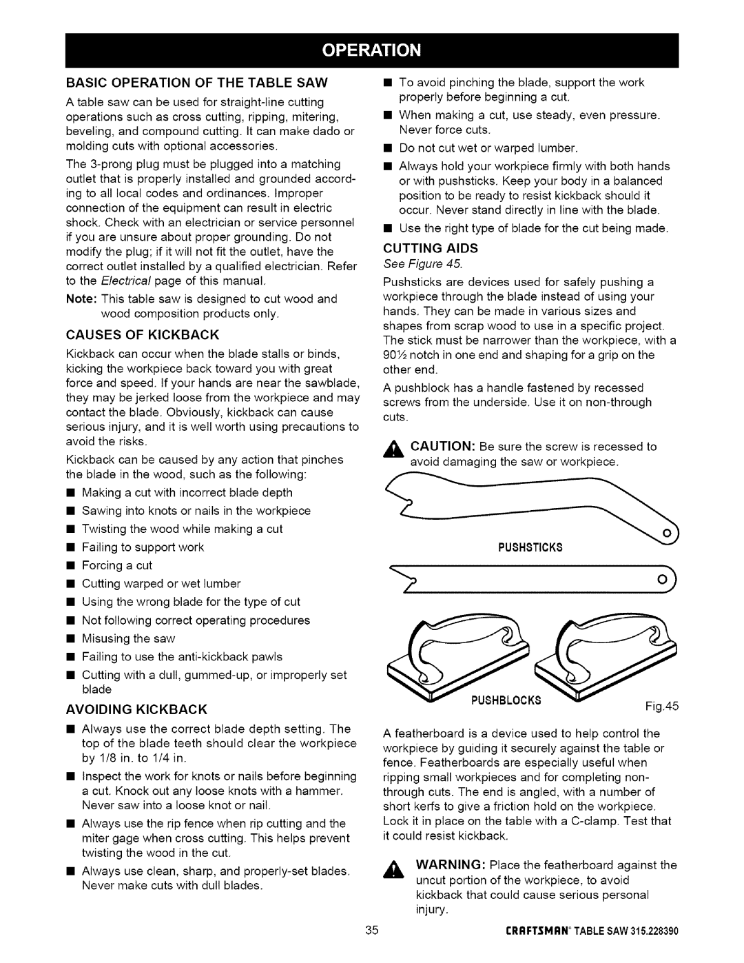 Craftsman 315.22839 owner manual Avoiding Kickback, PUSHSTICK8 