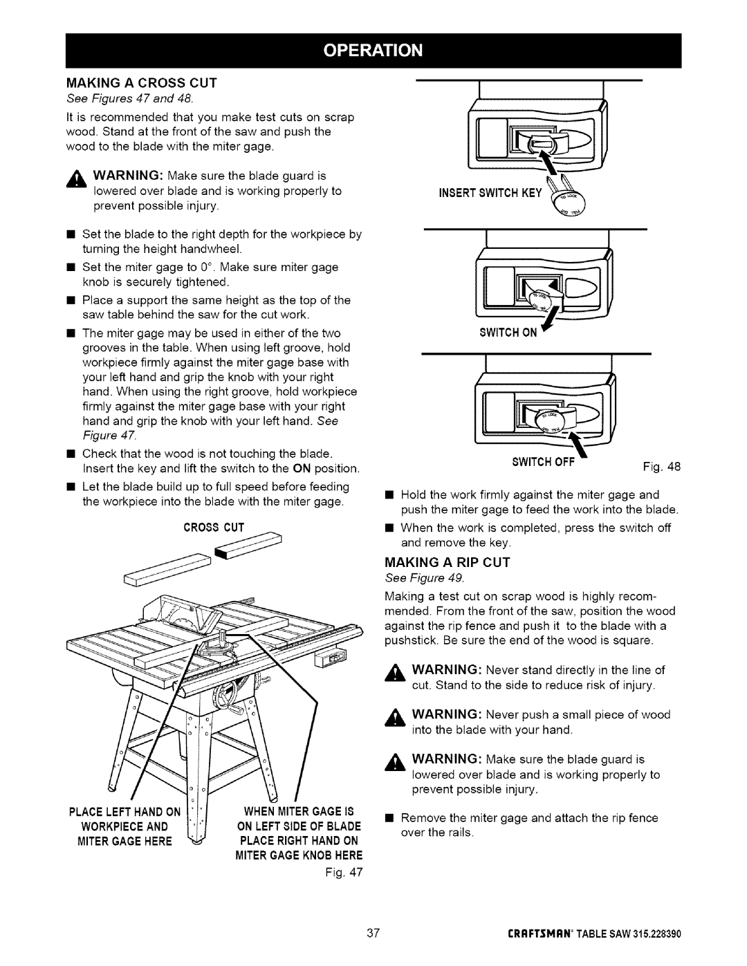 Craftsman 315.22839 See Figures 47, PLACELEFTHANDONWHENMITERGAGE18, Mitergagehereplacerighthandon Mitergageknobhere 