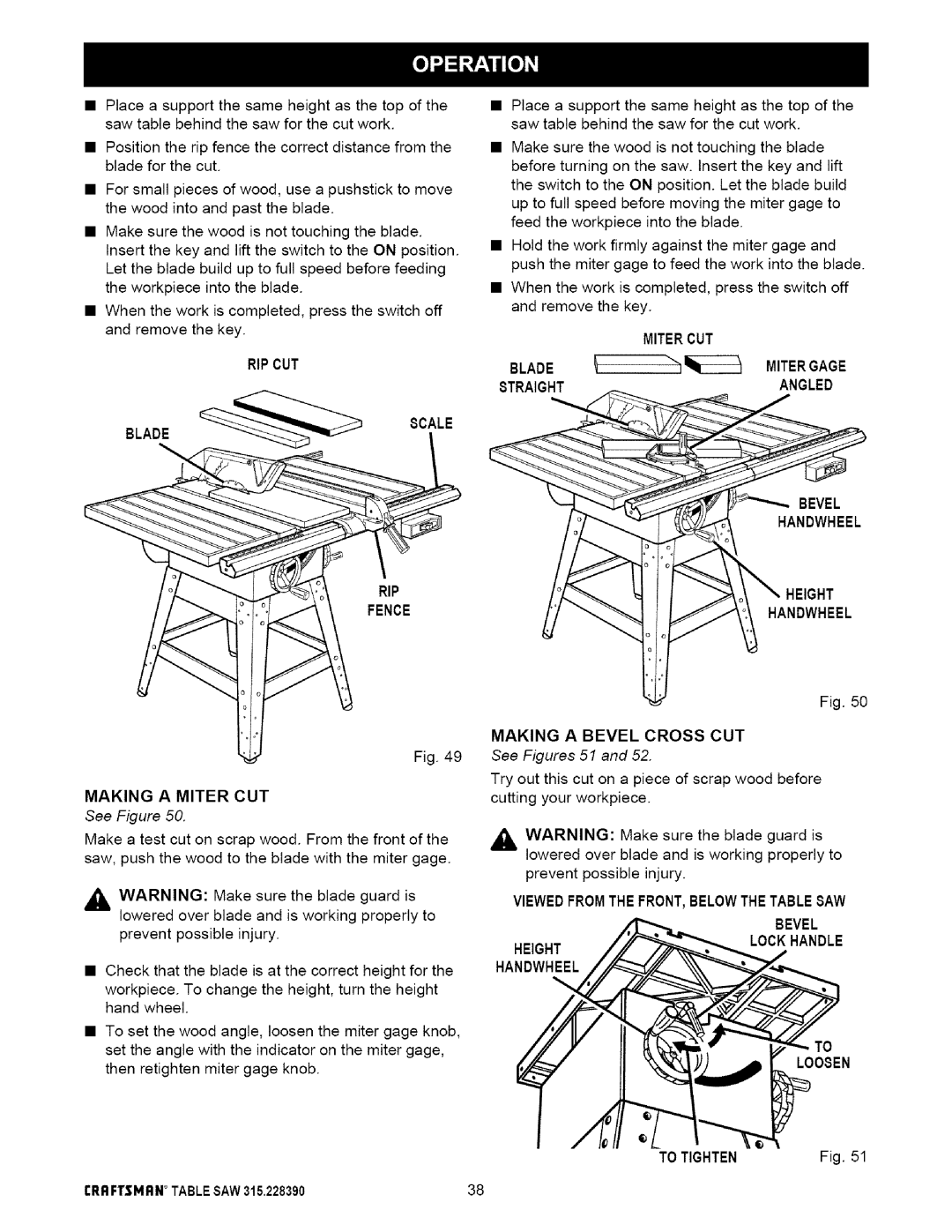 Craftsman 315.22839 Rip Cut, Making a Miter CUT, Blade Mitergage Straight Angled Bevel Handwheel Height, To Tighten 