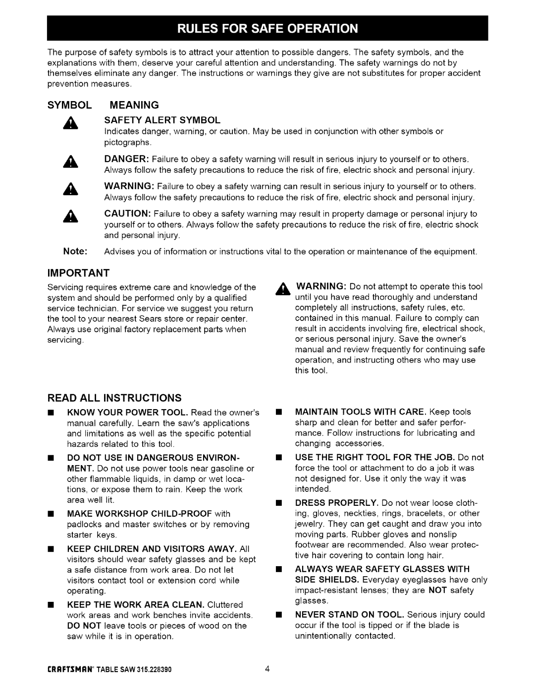 Craftsman 315.22839 owner manual Symbol Meaning, Safety Alert Symbol 