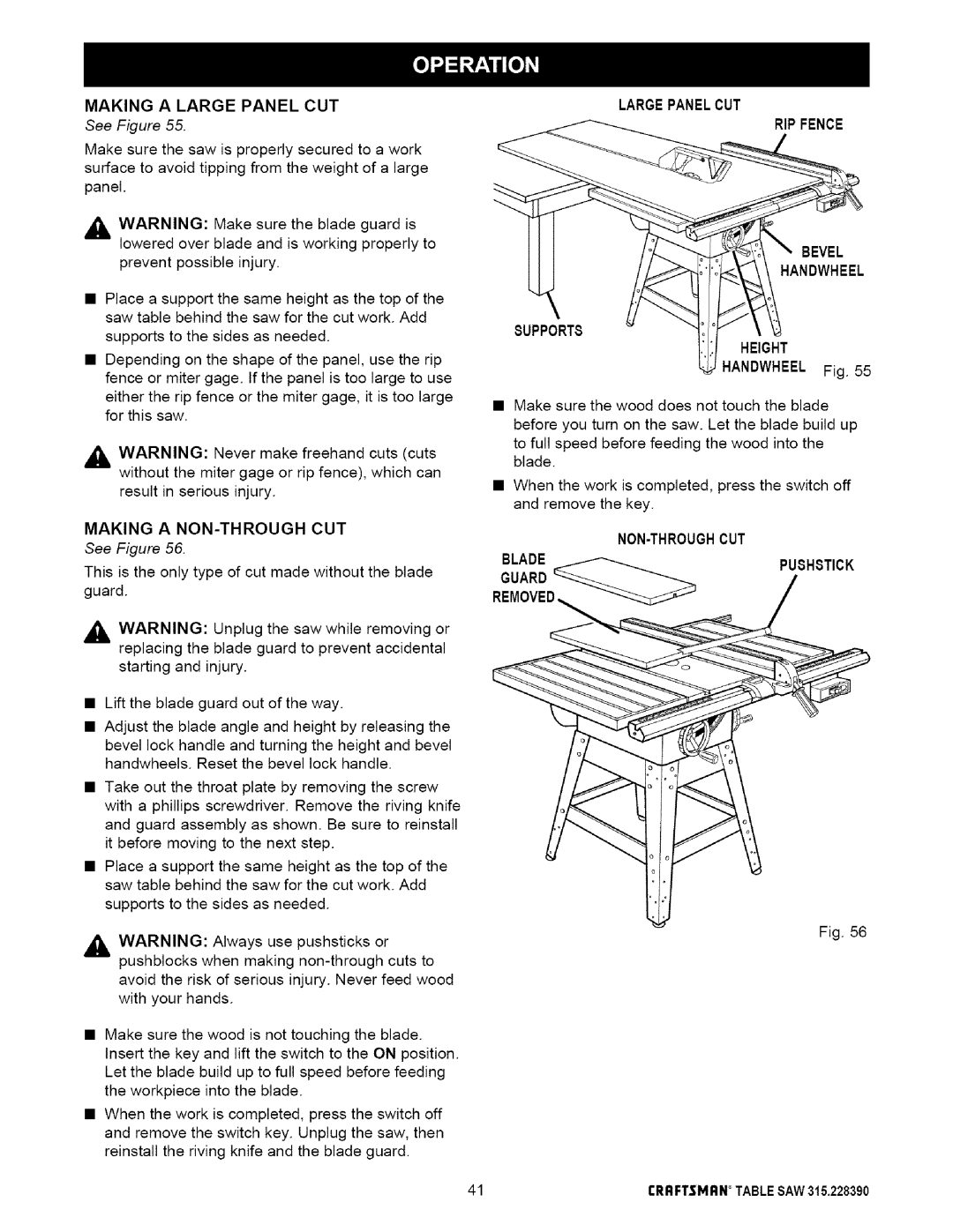 Craftsman 315.22839 owner manual Making a Large Panel CUT, Making a NON-THROUGH CUT, Largepanelcut RIP Fence 