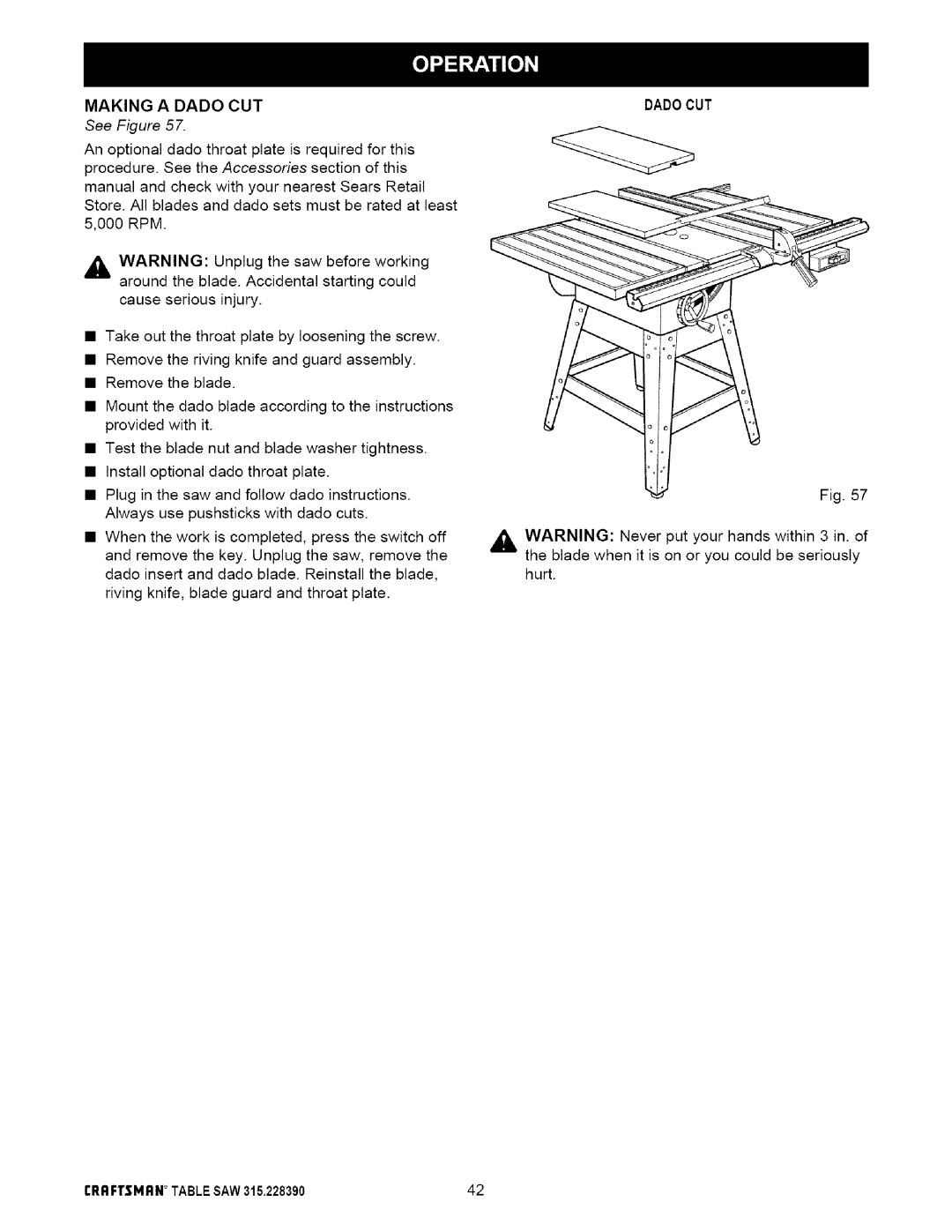 Craftsman 315.22839 owner manual Making a Dado CUT Dadocut 