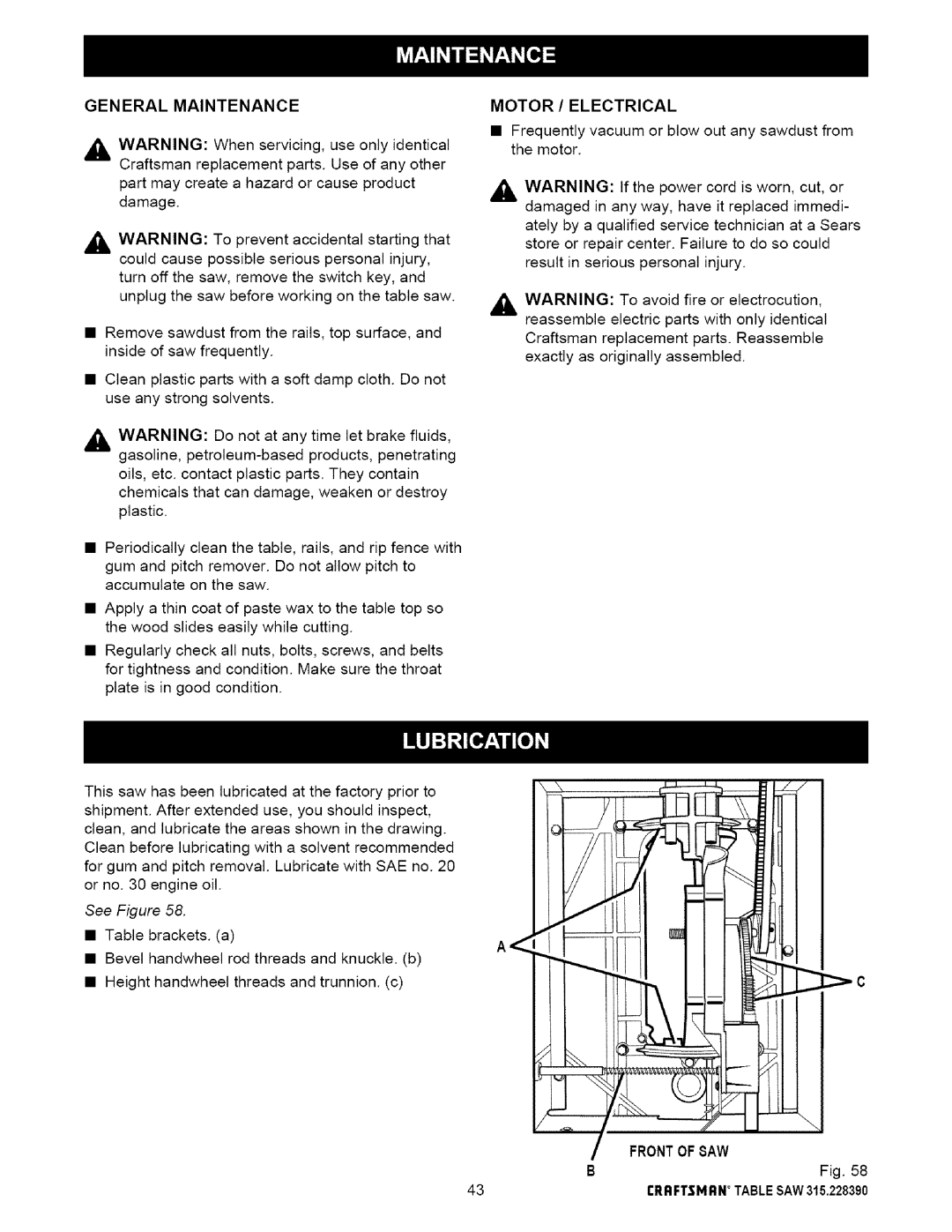 Craftsman 315.22839 owner manual General Maintenance, Motor / Electrical, Frontof SAW 