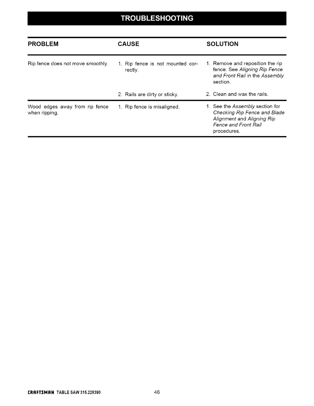 Craftsman 315.22839 owner manual Fence. See Aligning Rip Fence, Front Rail in the Assembly 