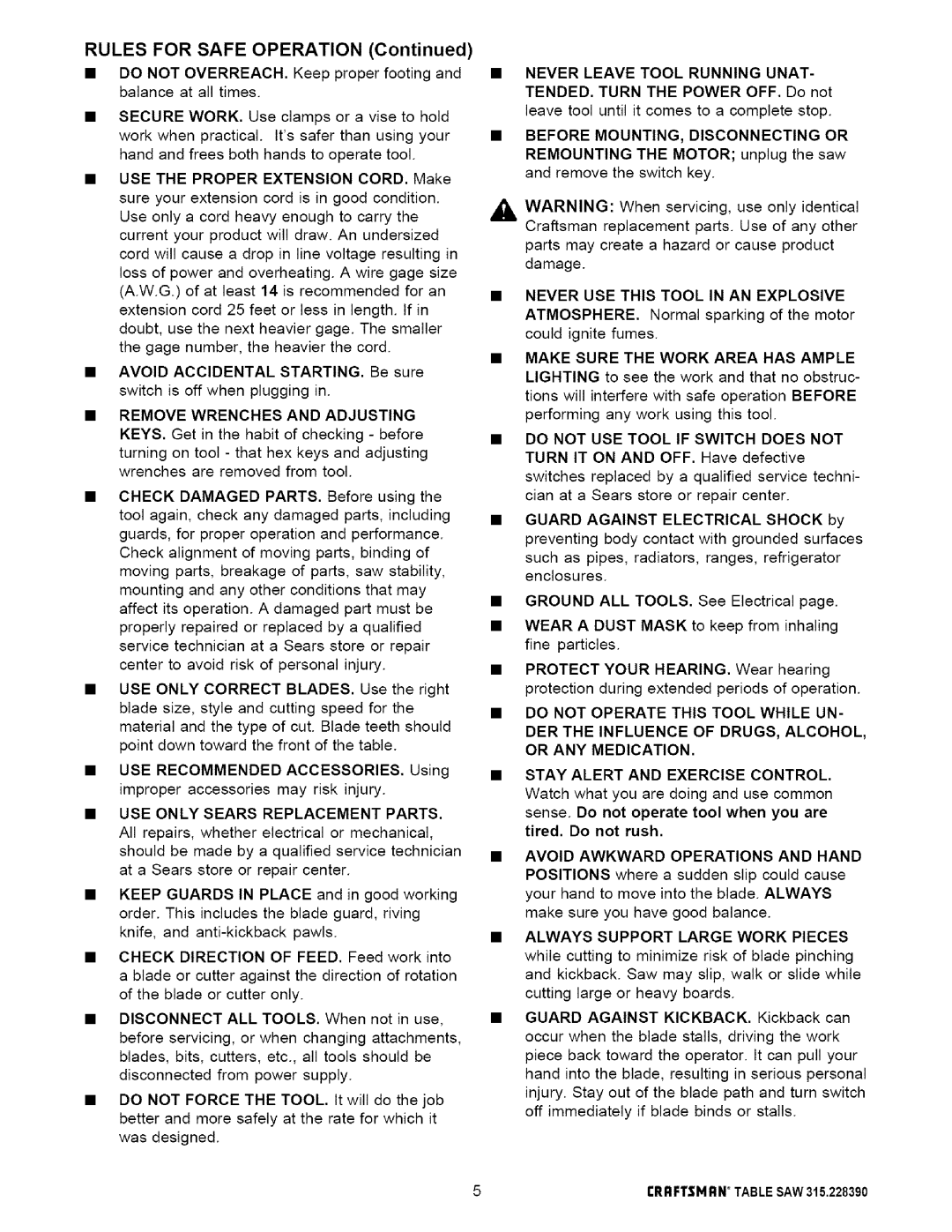 Craftsman 315.22839 owner manual Rules for Safe Operation 