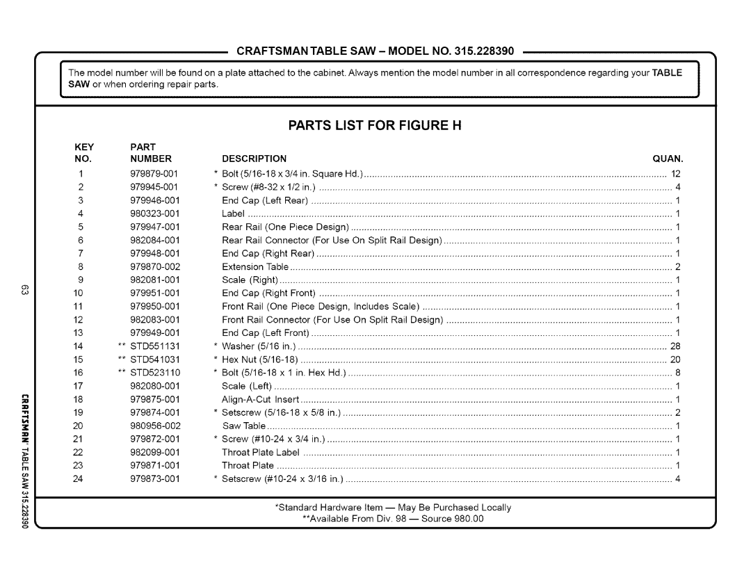 Craftsman 315.22839 owner manual Parts List for Figure H, KEY Part Number 