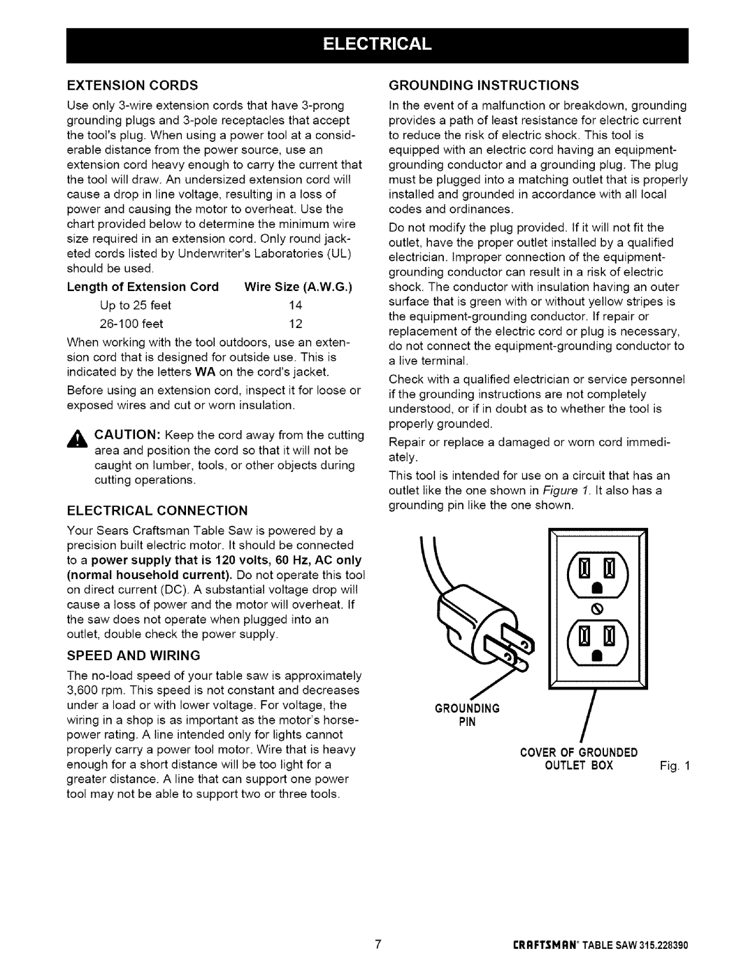 Craftsman 315.22839 owner manual Extension Cords, Electrical Connection, Speed and Wiring, Grounding Instructions 