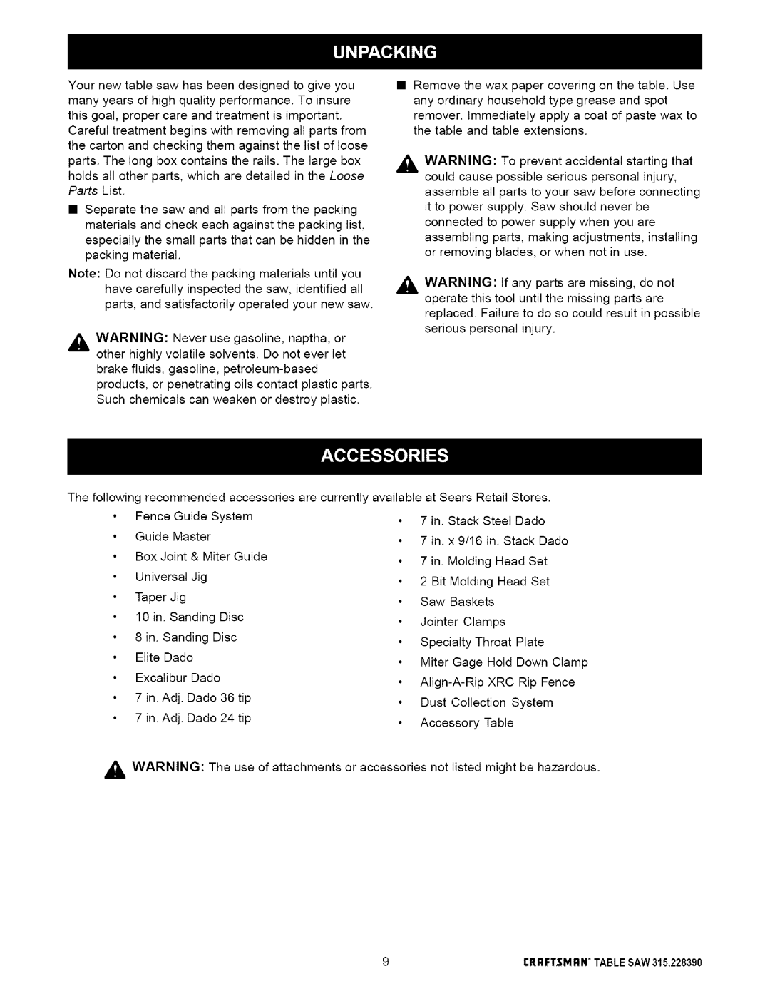 Craftsman 315.22839 Could cause possible serious personal injury, Assemble all parts to your saw before connecting 