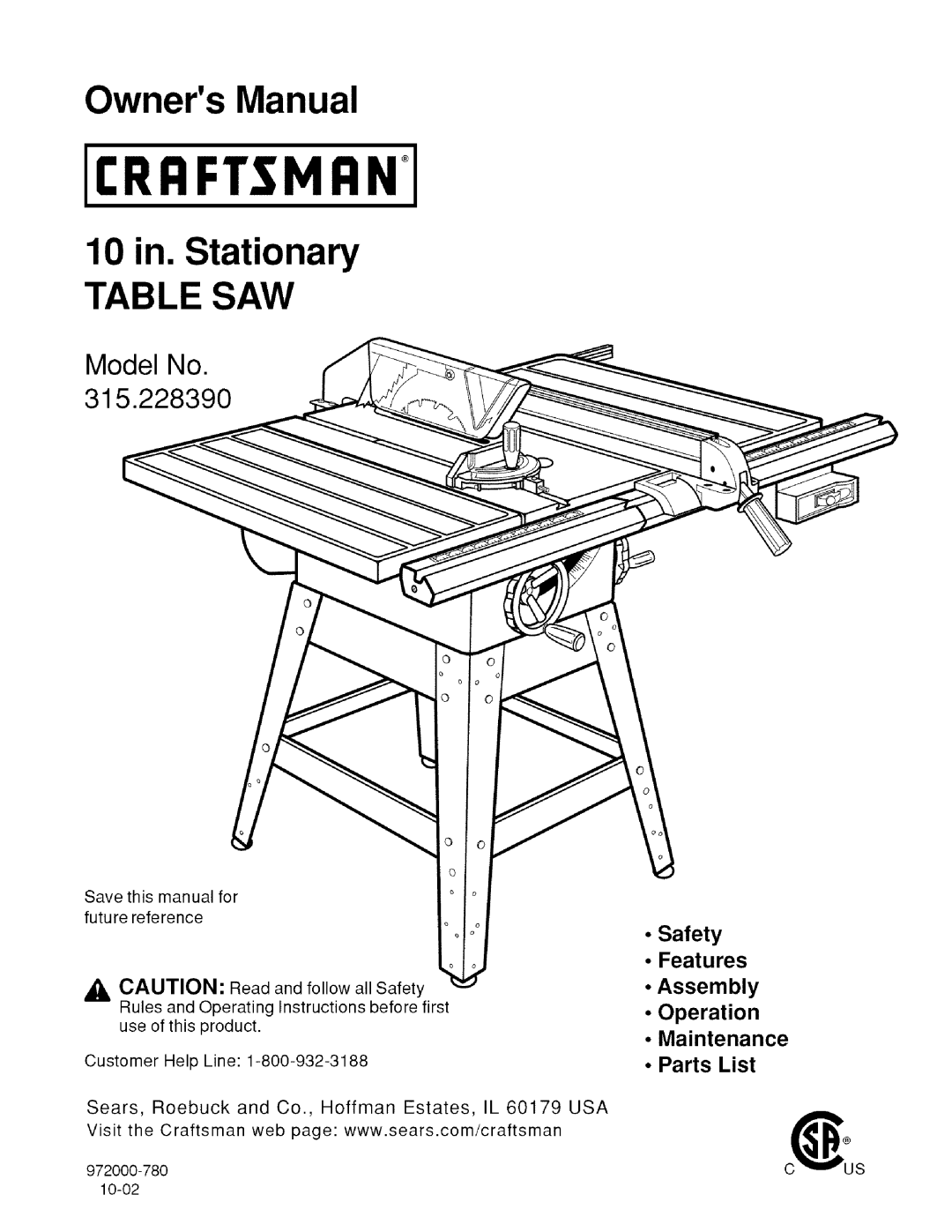 Craftsman 315.22839 owner manual Model No, Safety Features Assembly Operation Maintenance Parts List, IIRRFrSMRN 