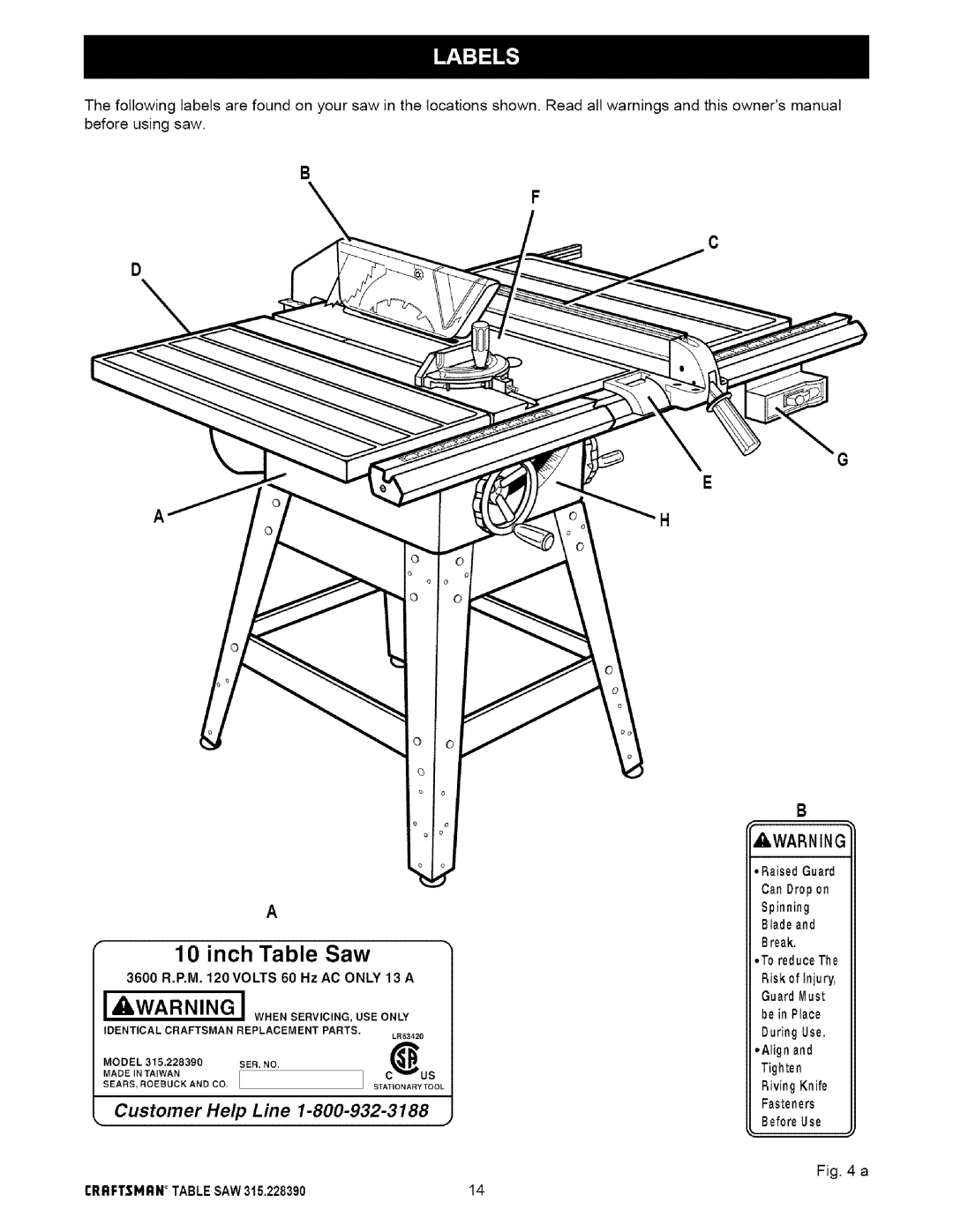 Craftsman inch Table Saw, B D A A, Customer Help Line, A, Warning, CRRFTSMRNTABLESAW315.22839014, Break, Replacement 