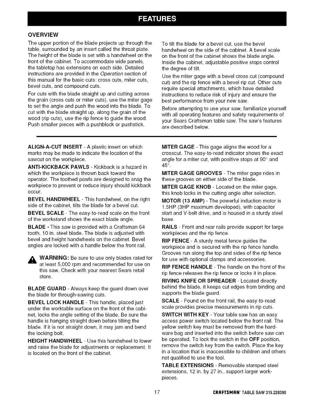 Craftsman 315.22839 owner manual Overview 